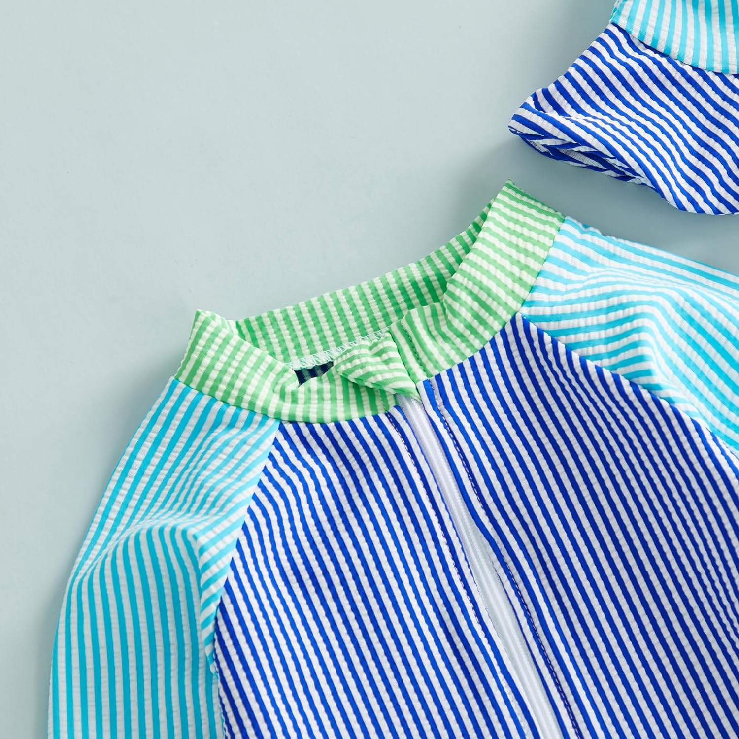 Toddler Baby Boys Seersucker Long Sleeve One Piece Rash Guard Swimsuit Zipper Bathing Suit Swimwear with Hat - Image 5