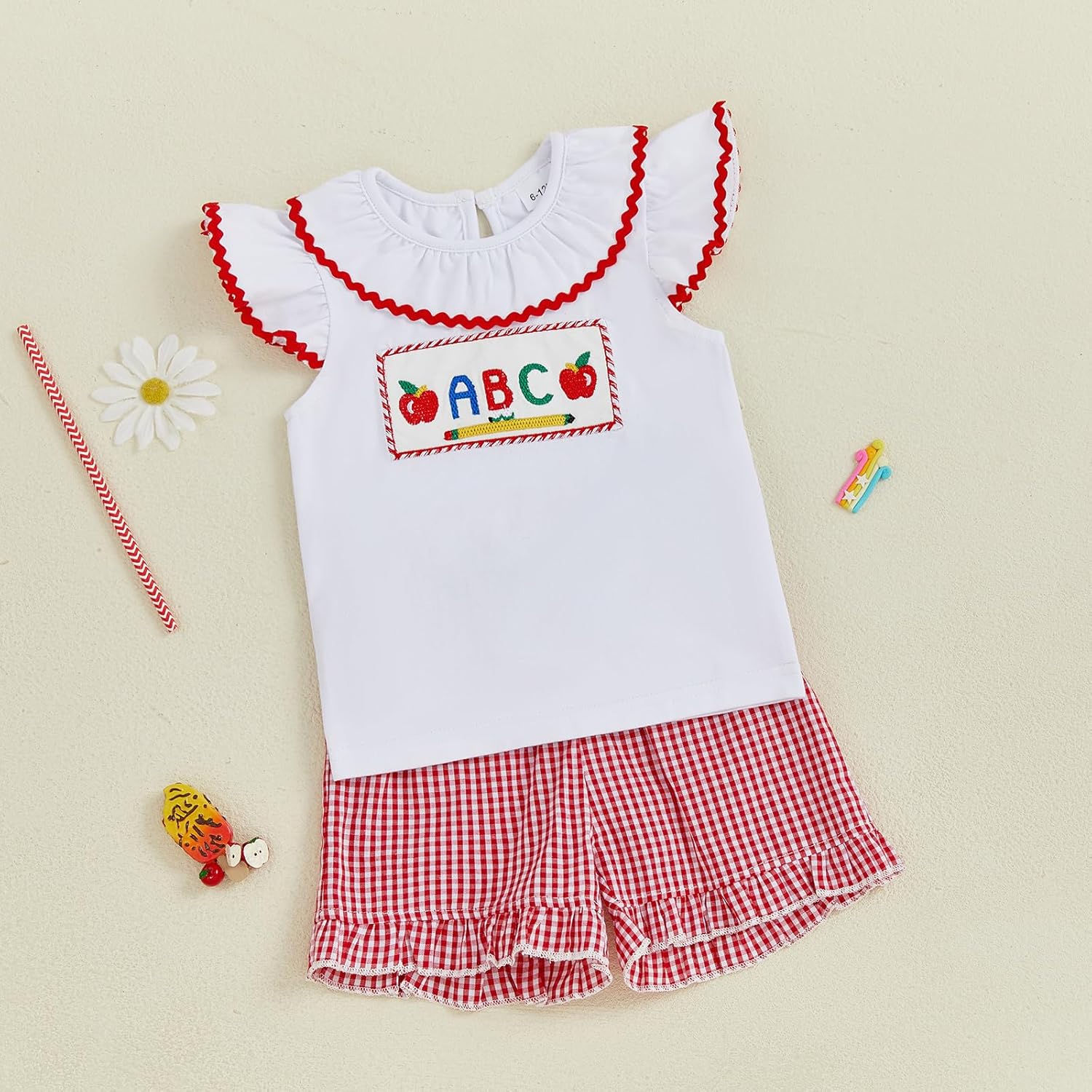 Toddler Baby Girl Summer Clothes Letter Print Flying Sleeve Shirt Top Plaid Shorts Set Cute Back to School Outfit - Image 5