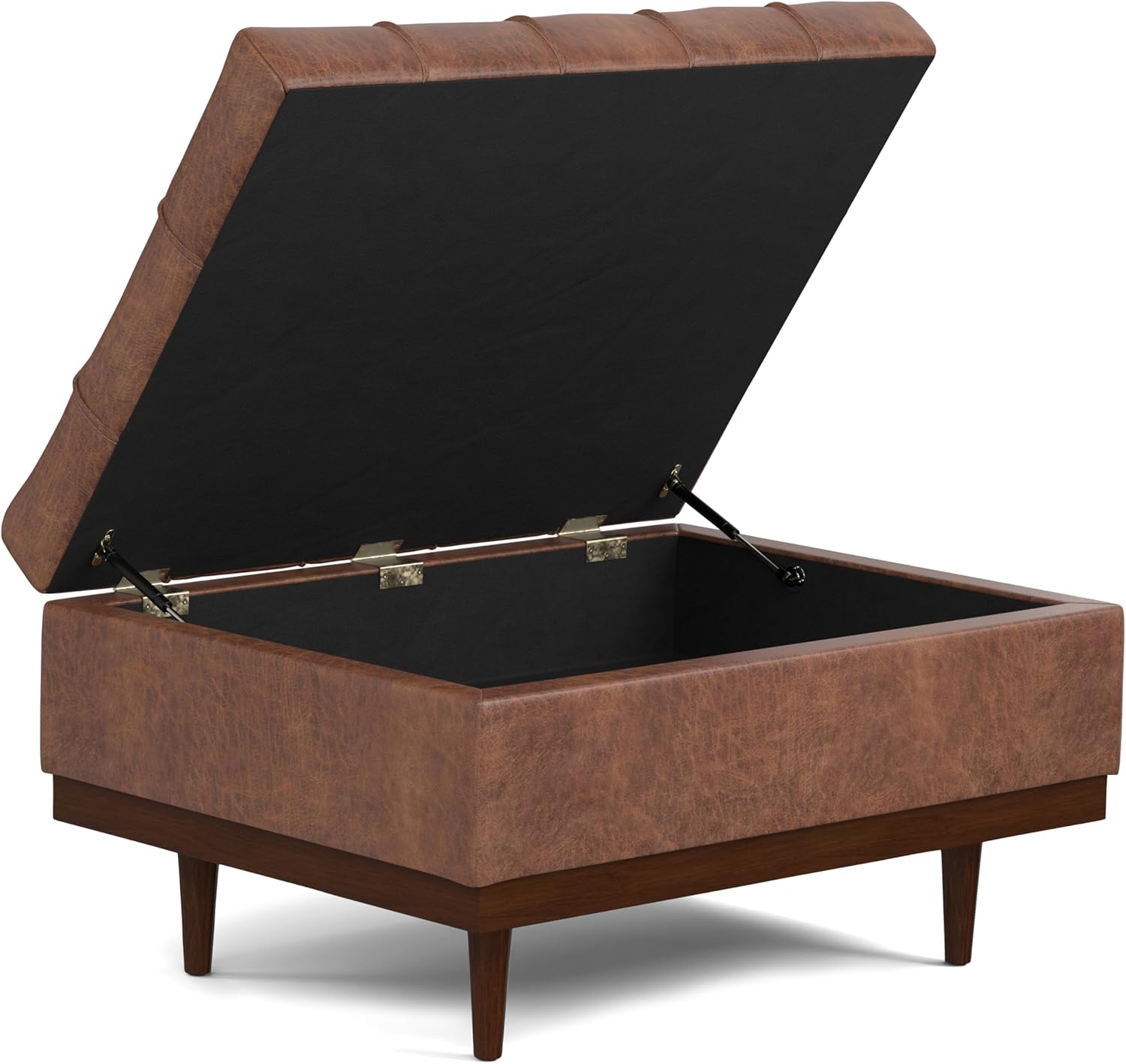SIMPLIHOME Mariah 34 inch Wide Contemporary Rectangle Coffee Table Storage Ottoman in Distressed Saddle Brown Vegan Faux Leather, Assembled, For the Living Room, Entryway and Family Room