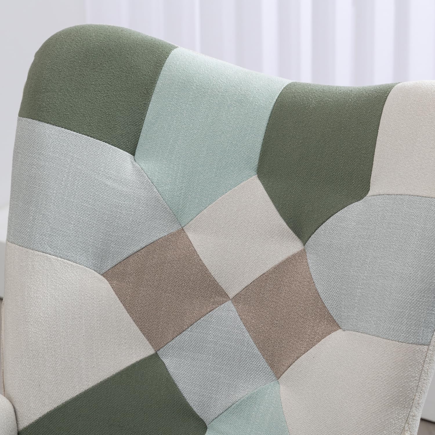 MEUBLE Cosy Schaukelstuhl Sessel Schaukelsessel Stillstuhl Schwingstuhl mit Armlehnen Gepolsterter Sitzfläche für Wohnzimmer Schlafzimmer, Balkon, Stoff und Holzkufen, Bis 120 kg Belastbar, Patchwork
