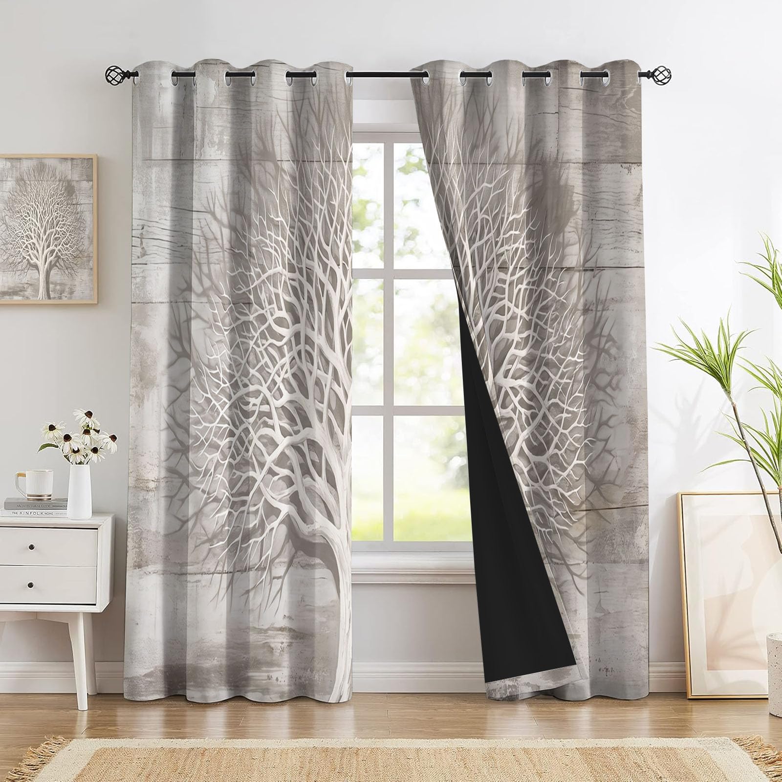 Antiker Toter Baum Vorhänge Blickdicht Verdunkelungsvorhang Mit Ösen, Minimalistisch Und Natürlich Gardinen Wohnzimmer Schlafzimmer Ösenvorhang Wärmehaltung, H215 X B110 cm (2Er Pack)