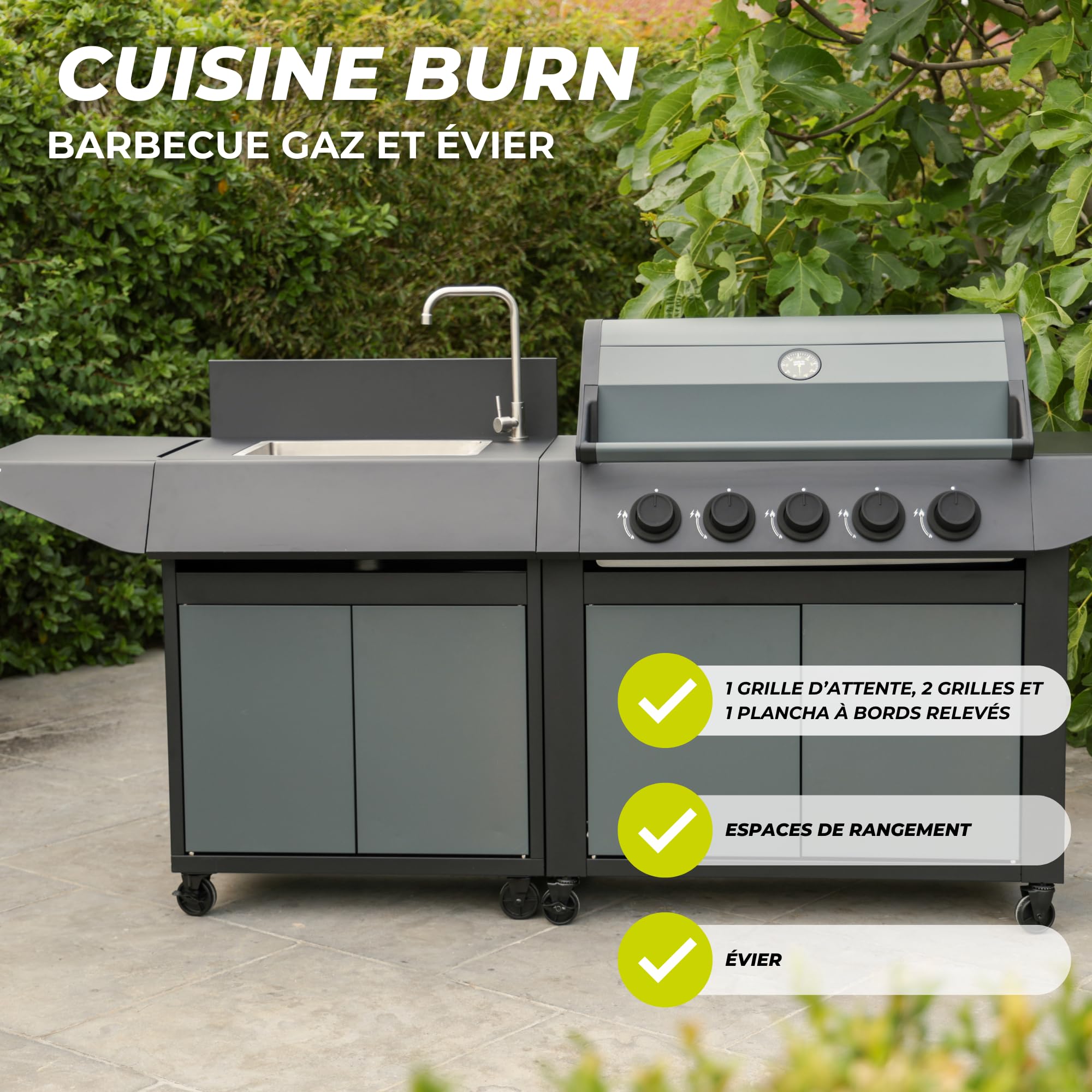 Cook'in Garden - Barbecue à gaz BURN 80 PREMIUM 5 brûleurs + évier