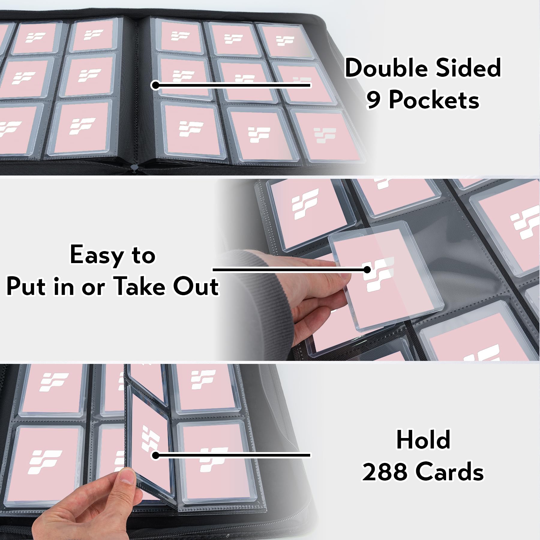 Raccoglitore per carte (finestra trasparente), può contenere 288 carte da 7,6 x 10,2 cm, raccoglitore per carte collezionabili, 9 tasche per TCG, MTG, YGO, carte da gioco, carte sportive (rosa)