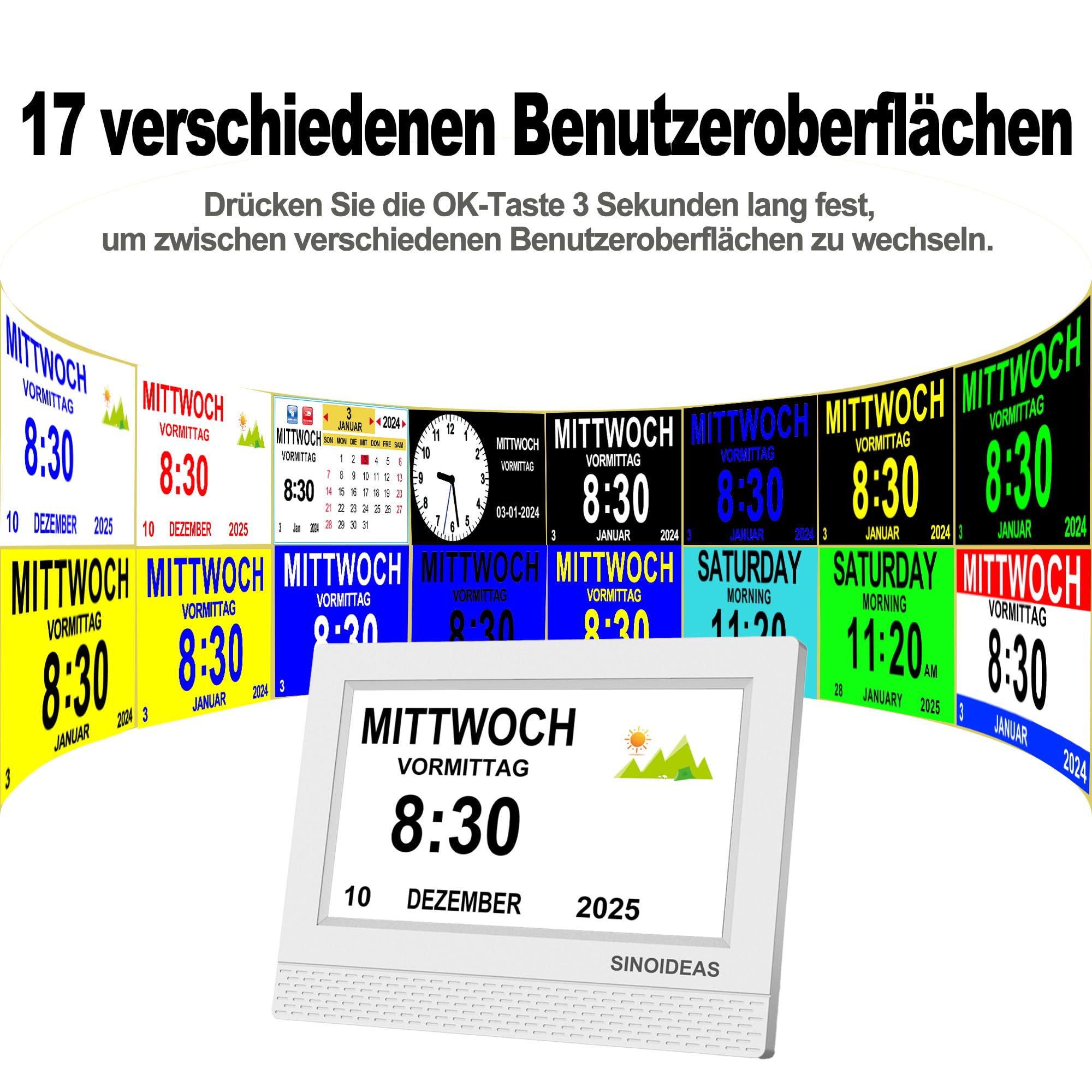 SINOIDEAS Horloge démense de 17,8 cm pour personnes âgées, réveil numérique avec calendrier, 22 rappels personnalisés et 17 thèmes (blanc)