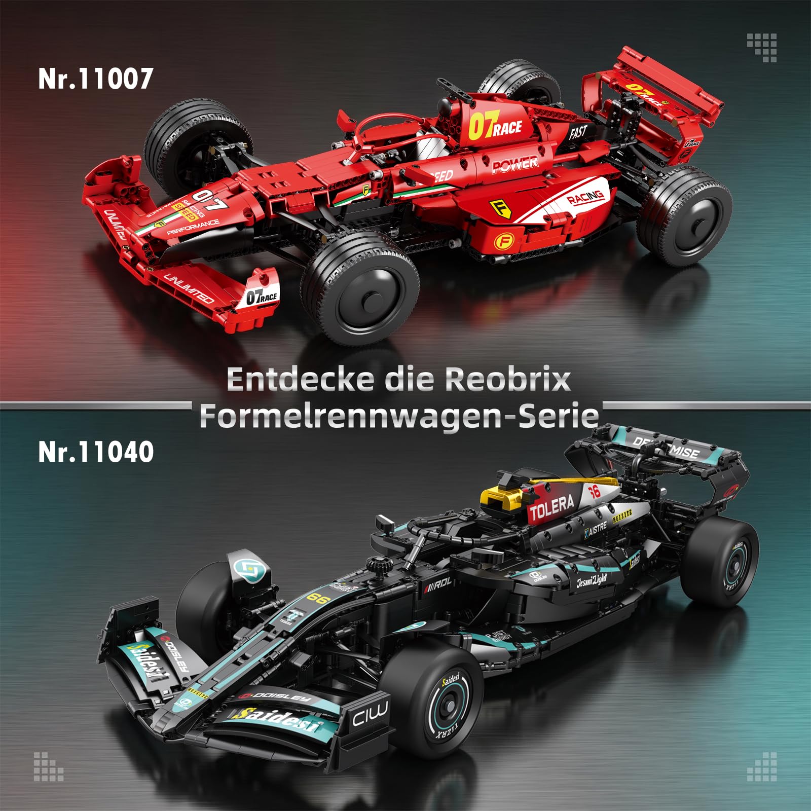 Reobrix 11040 F1 Rennwagen Klemmbausteine Set im Maßstab 1:8Formula Racing Bausteinset (3473 Teile)