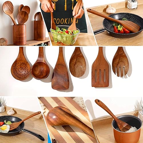 Miniatura 6 de Cucharas de madera para cocinar 7 piezas de utensilios de cocina de madera de teca utensilios de cocina de madera espátula de madera para cocinar