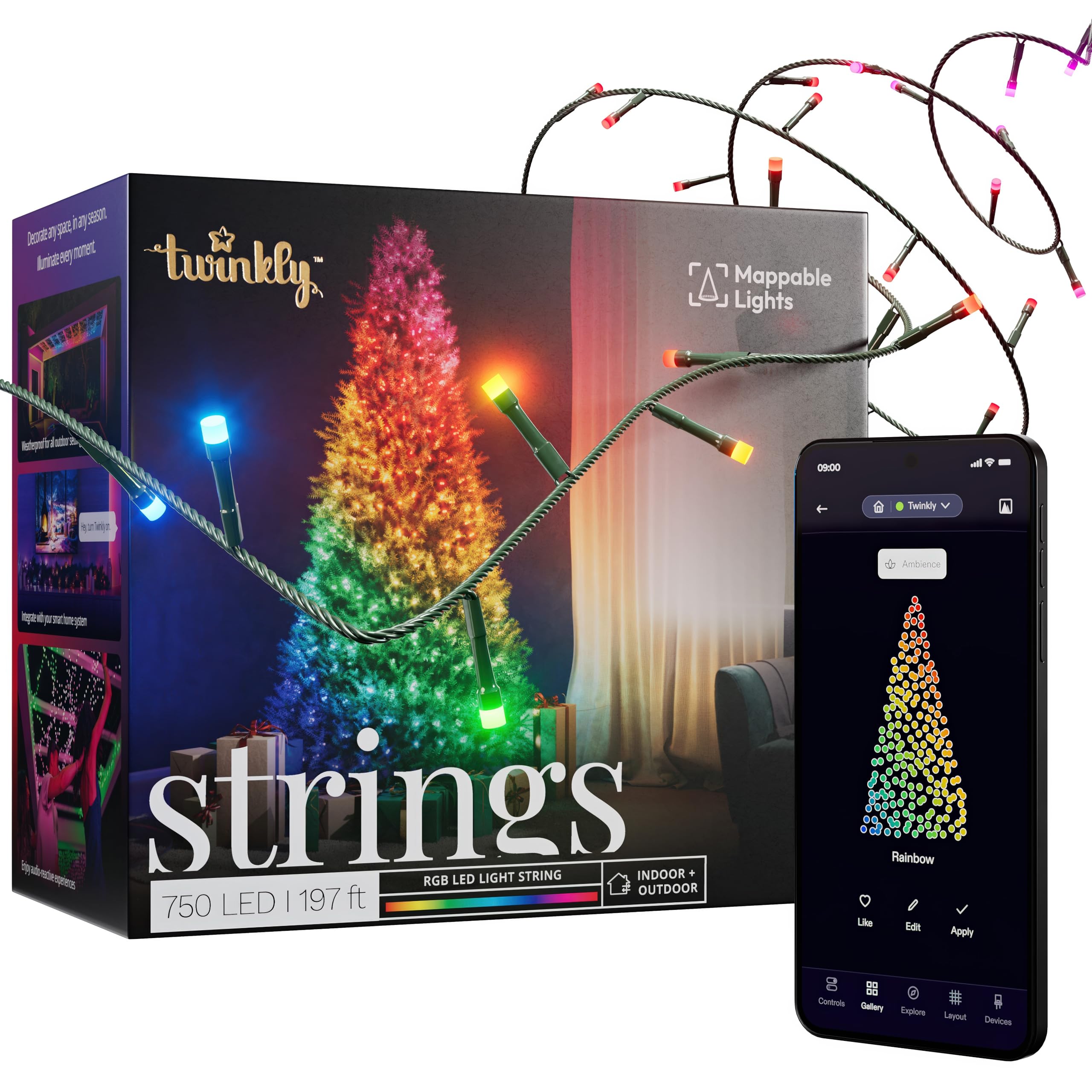 Twinkly Strings 750 RGB LED, do użytku wewnątrz i na zewnątrz, inteligentne światła LED, kompatybilne z Alexa i Google Home, IP44, dekoracja bożonarodzeniowa, sterowanie aplikacją, czarny kabel, 60 m