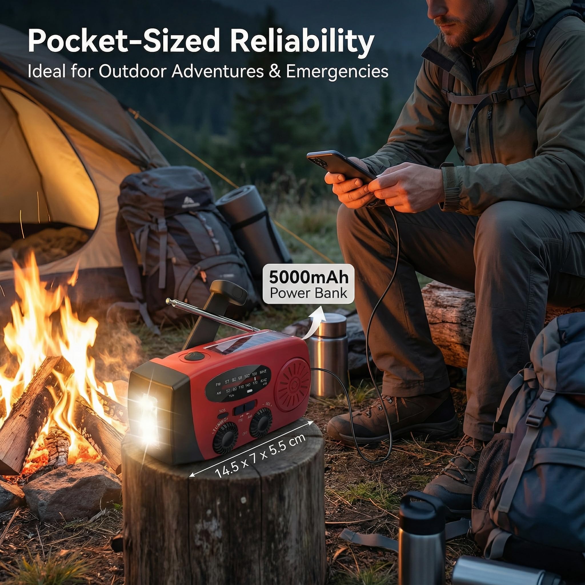Radio Solar de Emergencia 5000mAh, ZDAGELD Radio Manivela Am/FM, Portátil Power Bank con Linterna LED, USB-C, SOS, Equipo de Supervivencia para Camping, Senderismo y Cortes de Luz