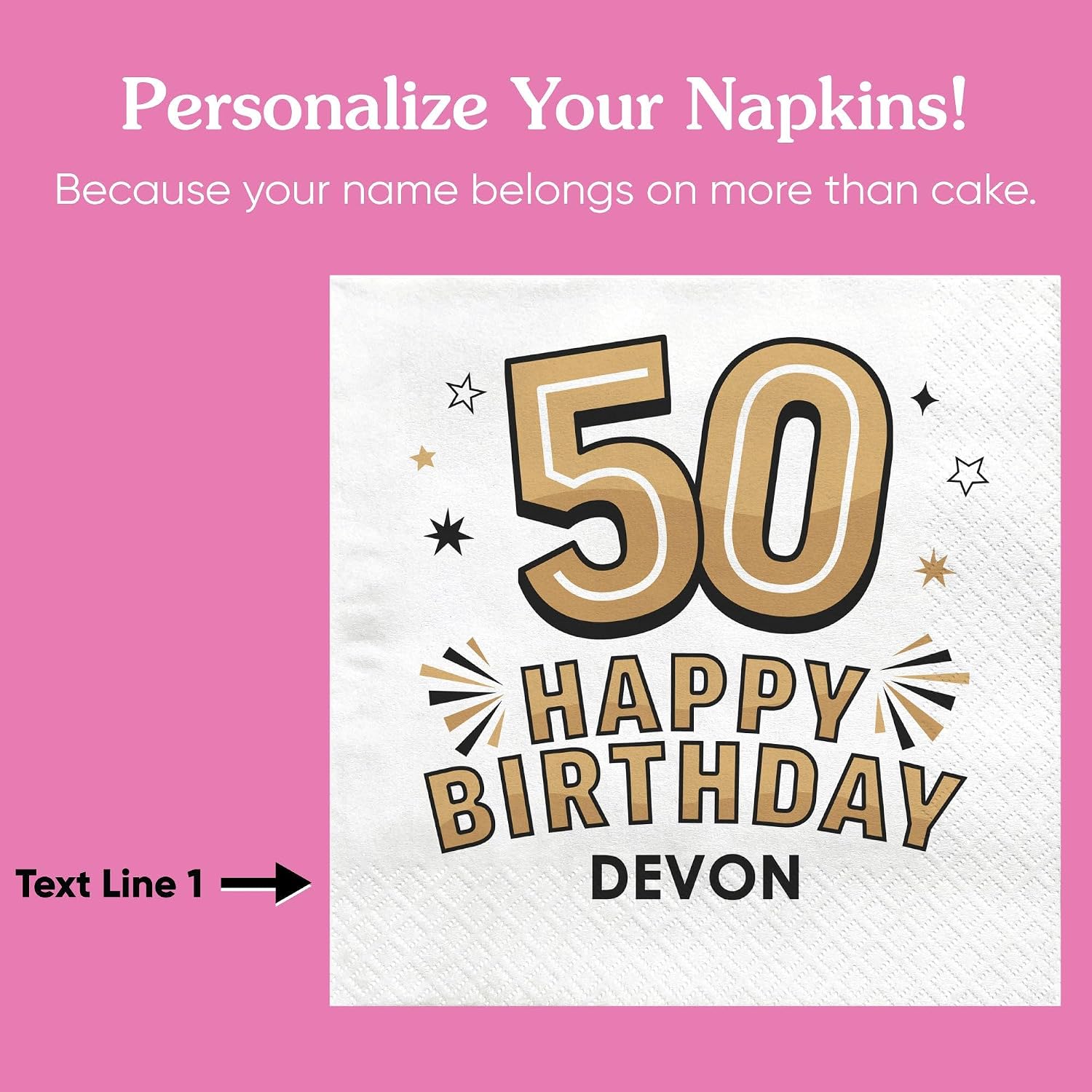 Big Dot of Happiness Personalized 50th Birthday Napkins, Custom Black & Gold Happy Birthday Party Decor, White 3-Ply Paper Beverage Napkins - 50 Count