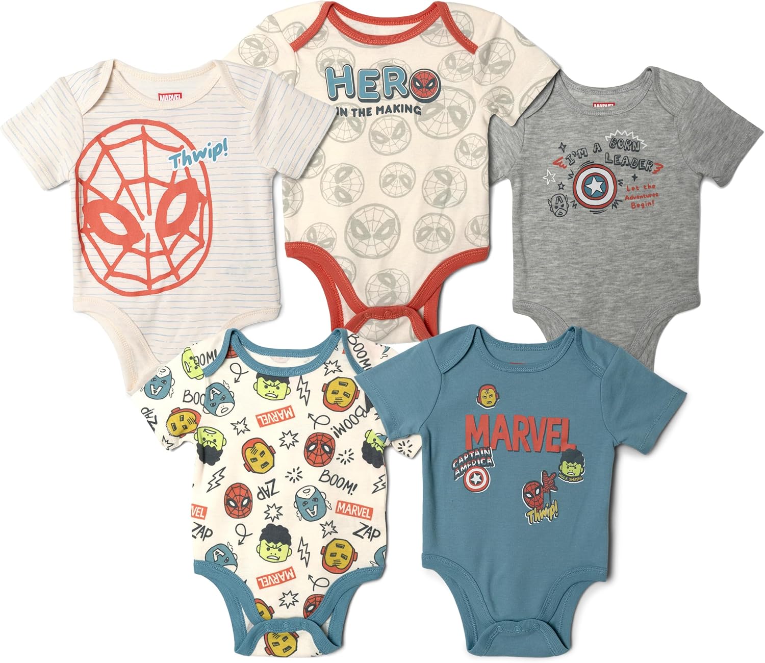 Marvel Avengers Baby 5 Pack Bodysuits Newborn to Infant Sizes (Newborn - 24 Months)