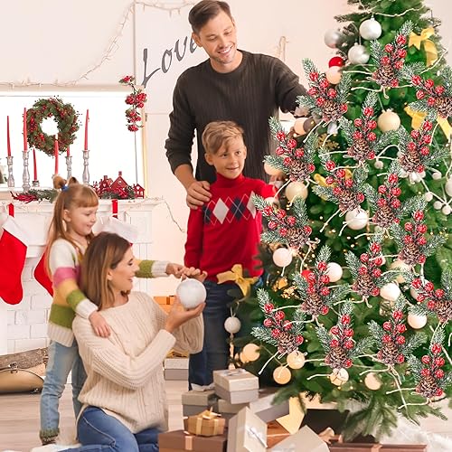 Miniatura 5 de Bayas de Navidad, tallos rojos de hoja perenne, ramas de pino de hoja perenne, 8 piezas de púas de Navidad, conos de pino artificiales, tallo de