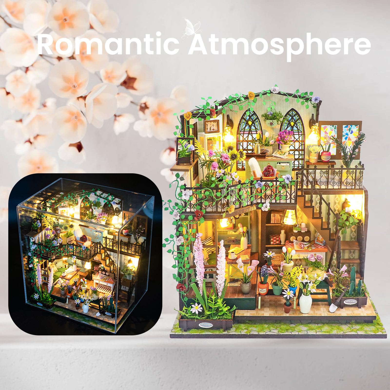 JONRRYIN Mini Maison à Construire 3D Avec LED - Maquette Fleurie, Meubles Inclus, Cadeau Créatif
