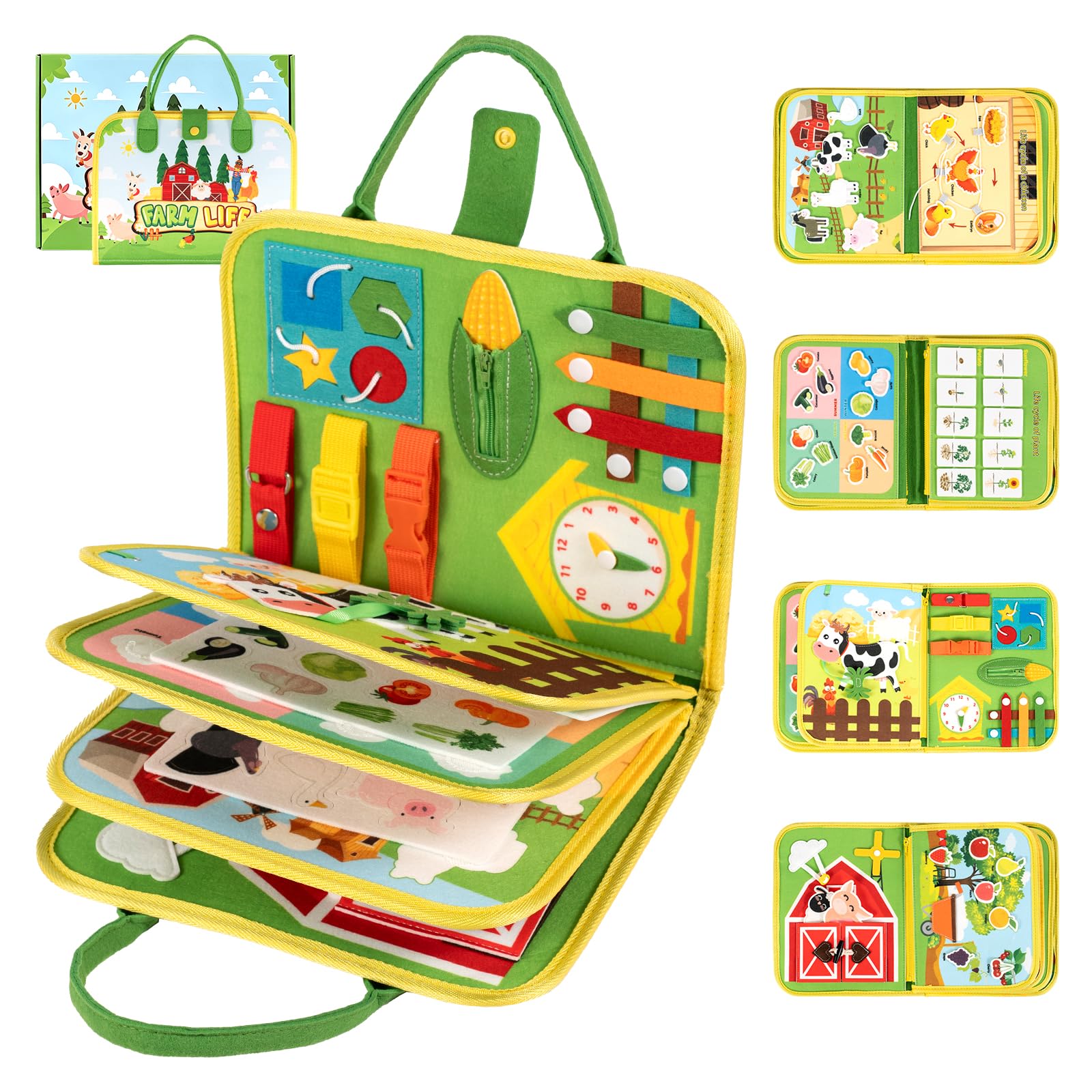 BSMIR Farm Life Busy Book for Toddlers 1-4, Montessori Busy Board Felt Sensory Toy for Travel Plane Car, Educational Fine Motor Skills Toy, UKCA Certified Gift