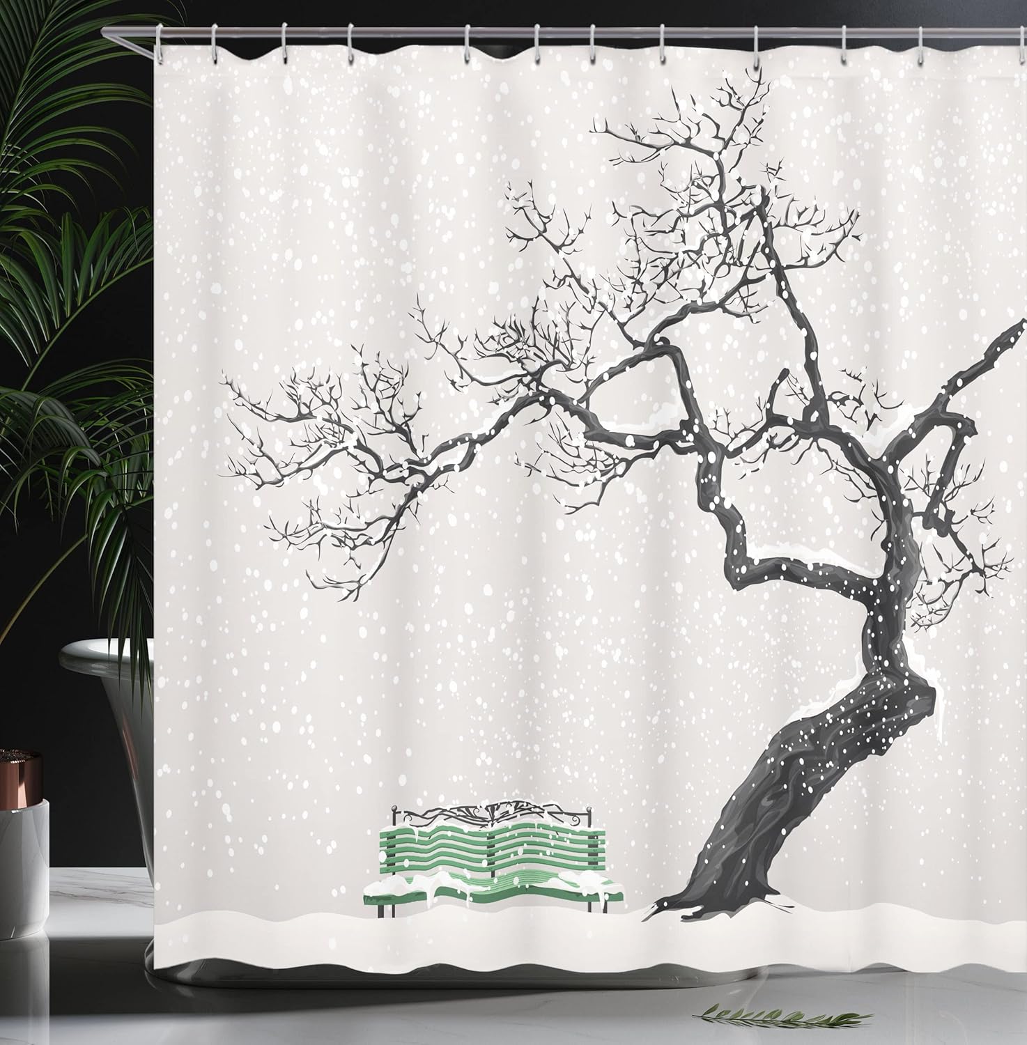 Ambesonne Tree Shower Curtain, Dramatic Winter Scenery with Retro Bench and Lonely Tree in a Cold Day, Cloth Fabric Bathroom Decor Set with Hooks, 69" W x 70" L, Charcoal Green