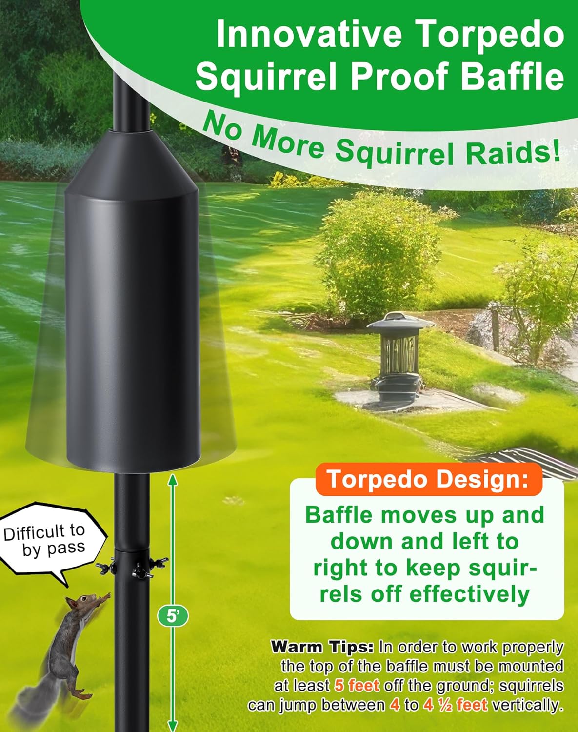 Feekoon 95 Inch Bird Feeder Pole with Torpedo Squirrel Proof Baffle, Heavy Duty Steel Squirrel Proof Pole System with Hanging Stations, Ideal for Holding 8 Feeders, Wind Chimes, Plants