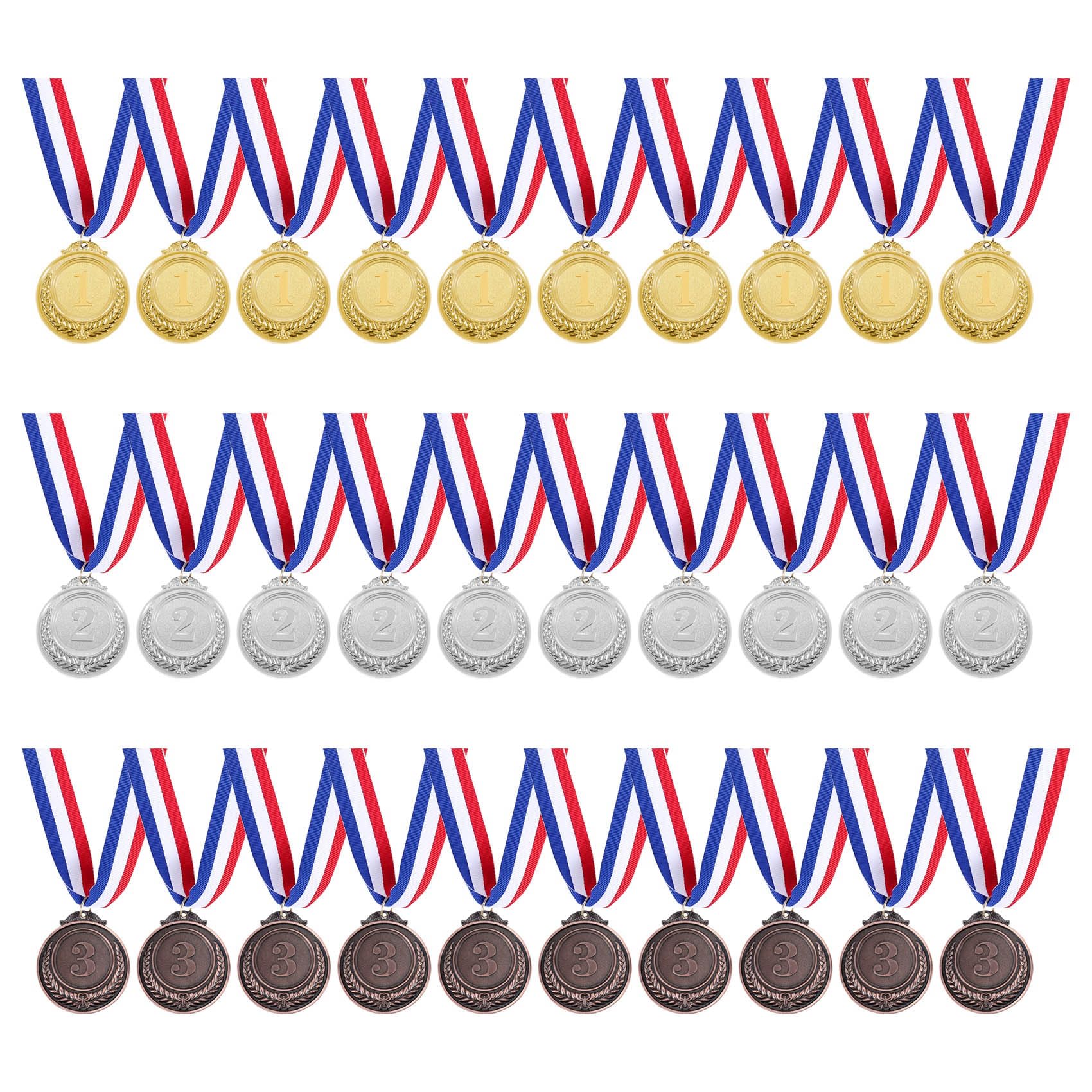 Lot de 30 médailles en métal doré argenté et bronze avec tour de cou pour enfants et adultes, 5,1 cm