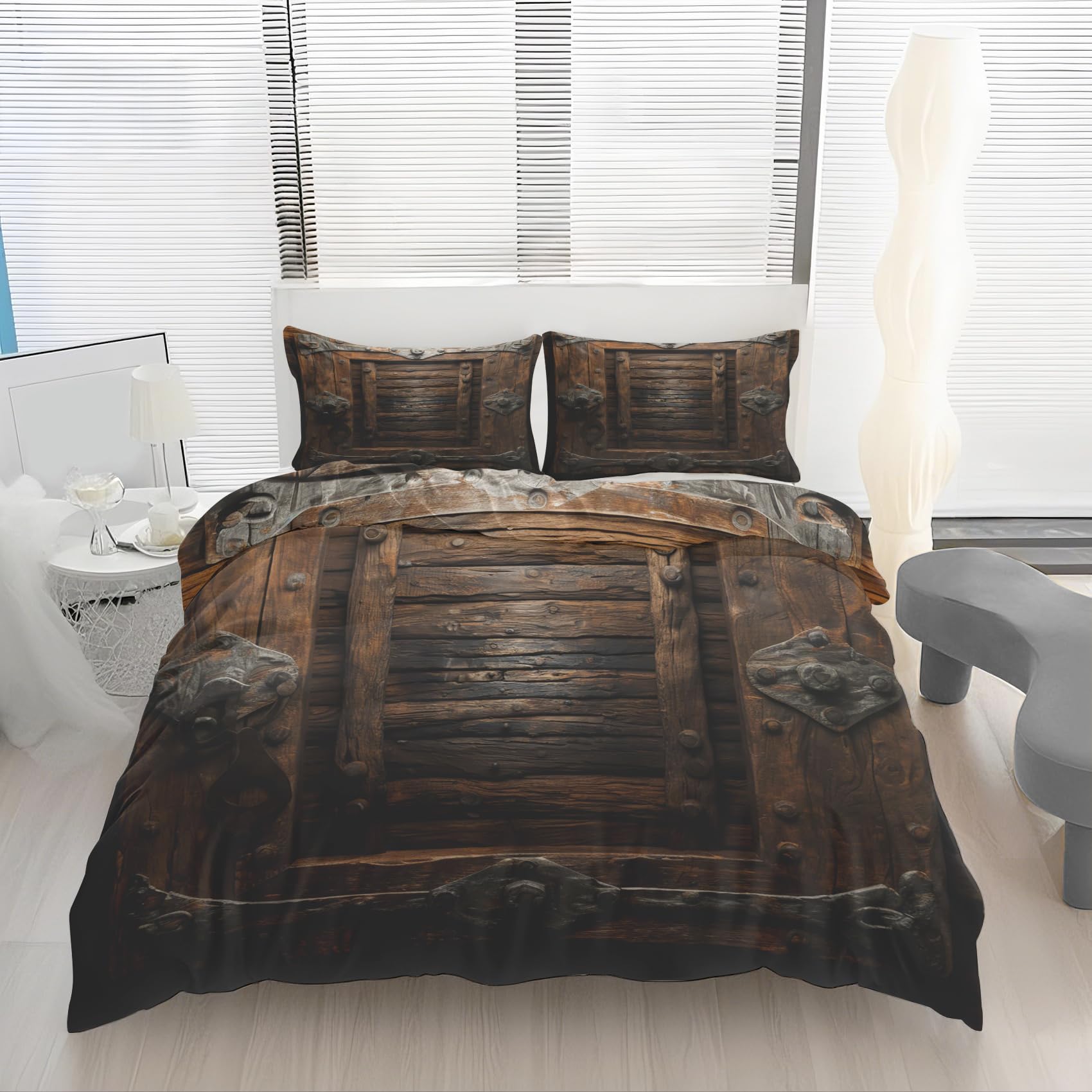Parure de lit 240x220 grain bois brun western avec housse de couette style industriel 3 pièces
