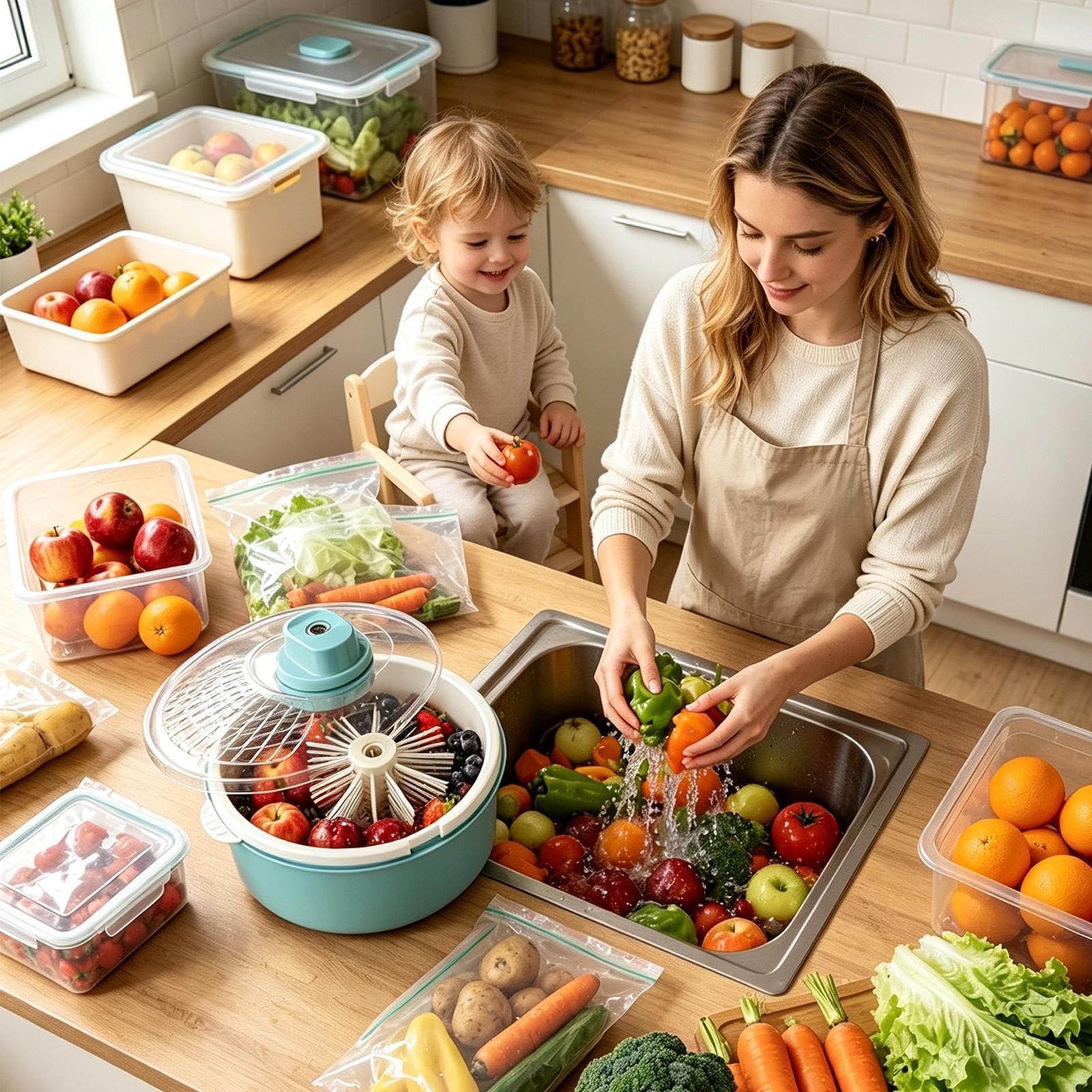 Lavafruta Centrifugadora Lavado Automático Portátil Para Bayas Y Verduras | Limpiador de frutas para el hogar y la cocina, fresas, cerezas, uvas, ensaladas, preparación