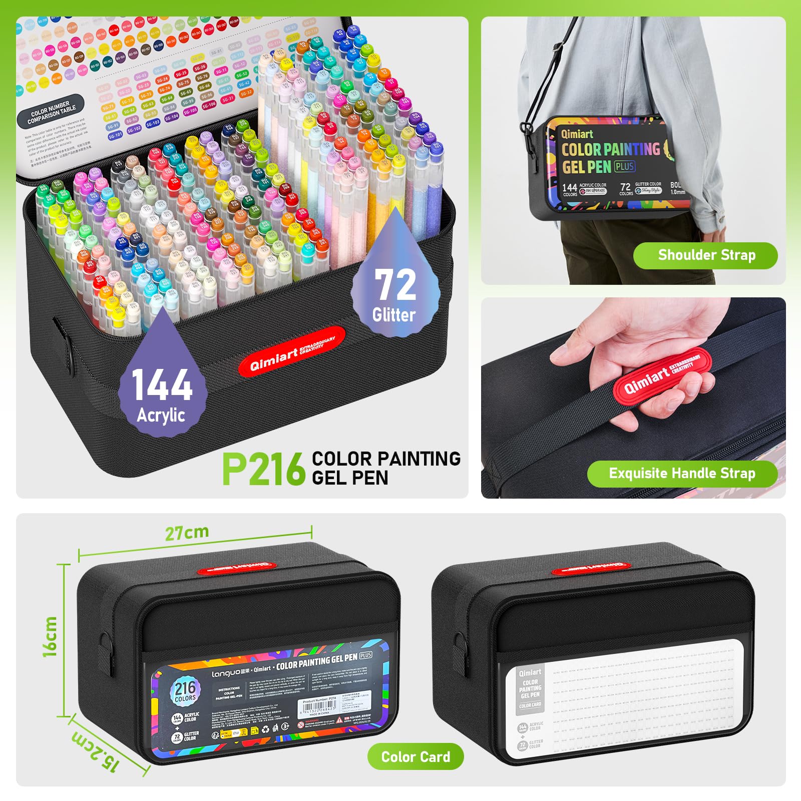 TrendGate Set di 216 penne gel acriliche, tratto 1 mm, 216 colori (144 matite acriliche + 72 matite glitteratiche), set di penne gel per pittura, scrittura e diario per tela, tessuto, carta