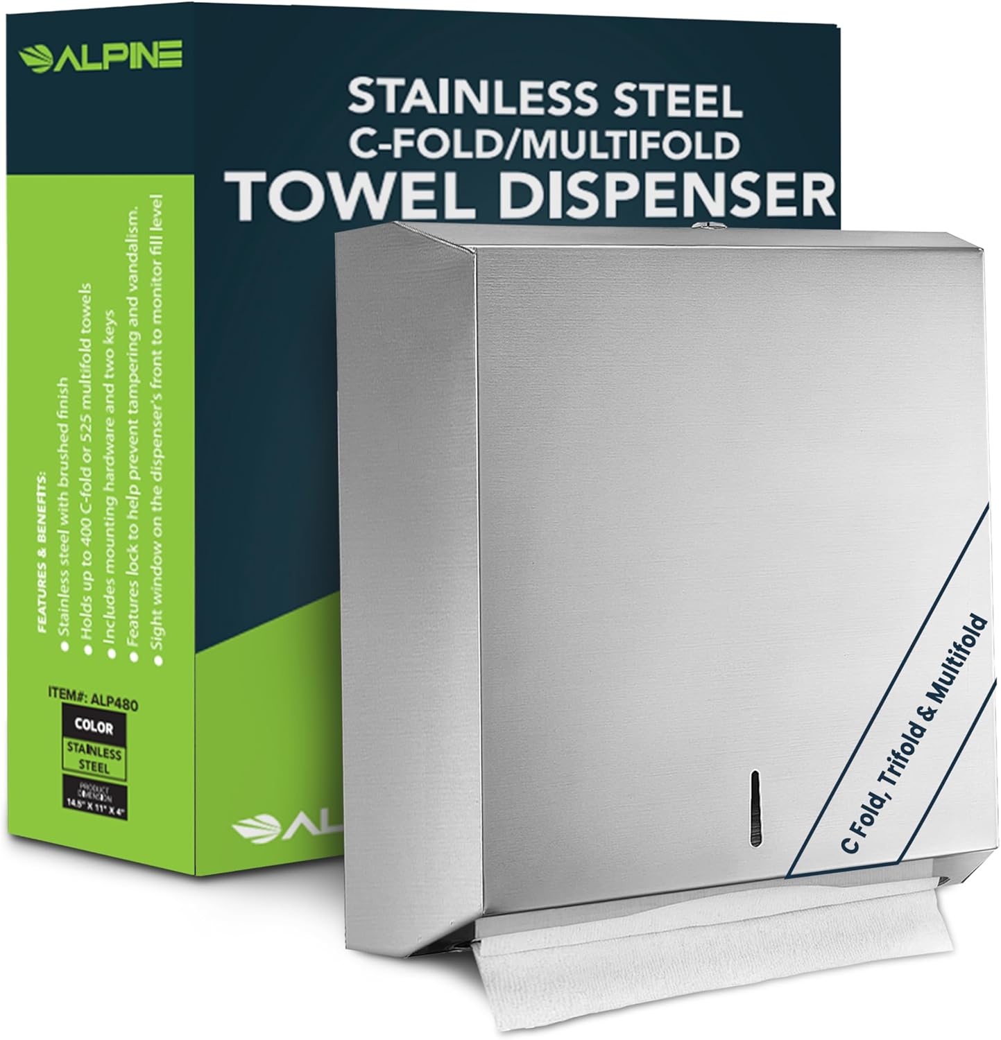 Alpine Paper Towel Dispenser Wall Mount Commercial - Stainless Steel Paper Towel Holder Wall Mount for C-fold, Trifold & Multifold Paper Towels, Industrial Hand Towel Dispenser for Bathroom & Kitchen