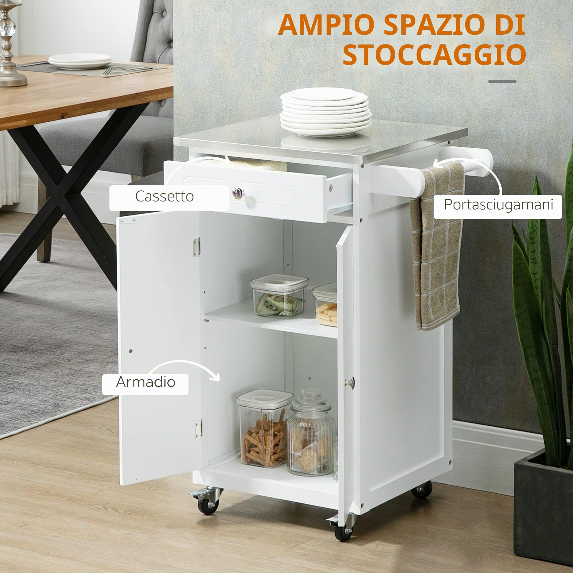 HOMCOM Carrello da cucina con ruote, multiuso, 1 cassetto, armadio a 2 ante con ripiano porta strofinacci in MDF bianco acciaio inossidabile