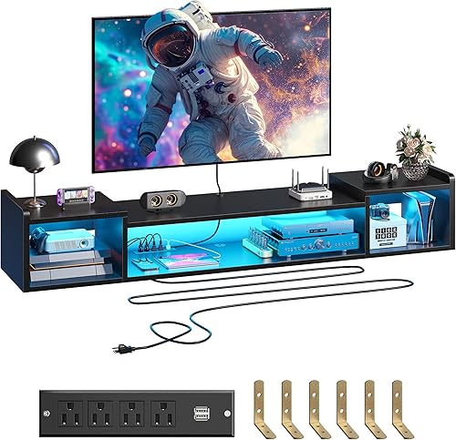 Miniatura 1 de 71" W Floating TV Stand with LED Lights & Power Outlets Wall Mounted Entertainment Center for 606575" inch TV Shelf, Long TV Stand for Living Room,