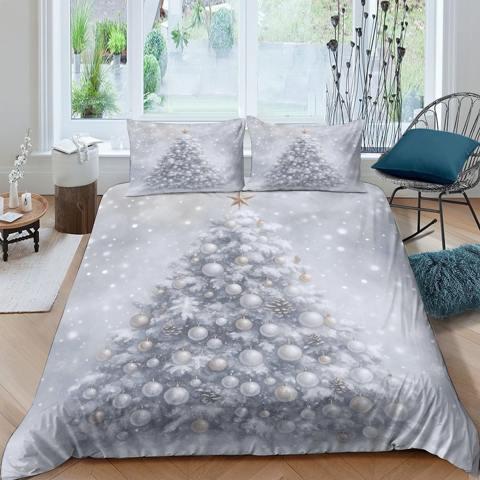 Ctjqhvkz Style-3 3D Printed Snowy Christmas Tree Fitted Sheet Microfiber Soft Grey Bed Cover For Bedroom Guest Room Decor Single（135X200cm）