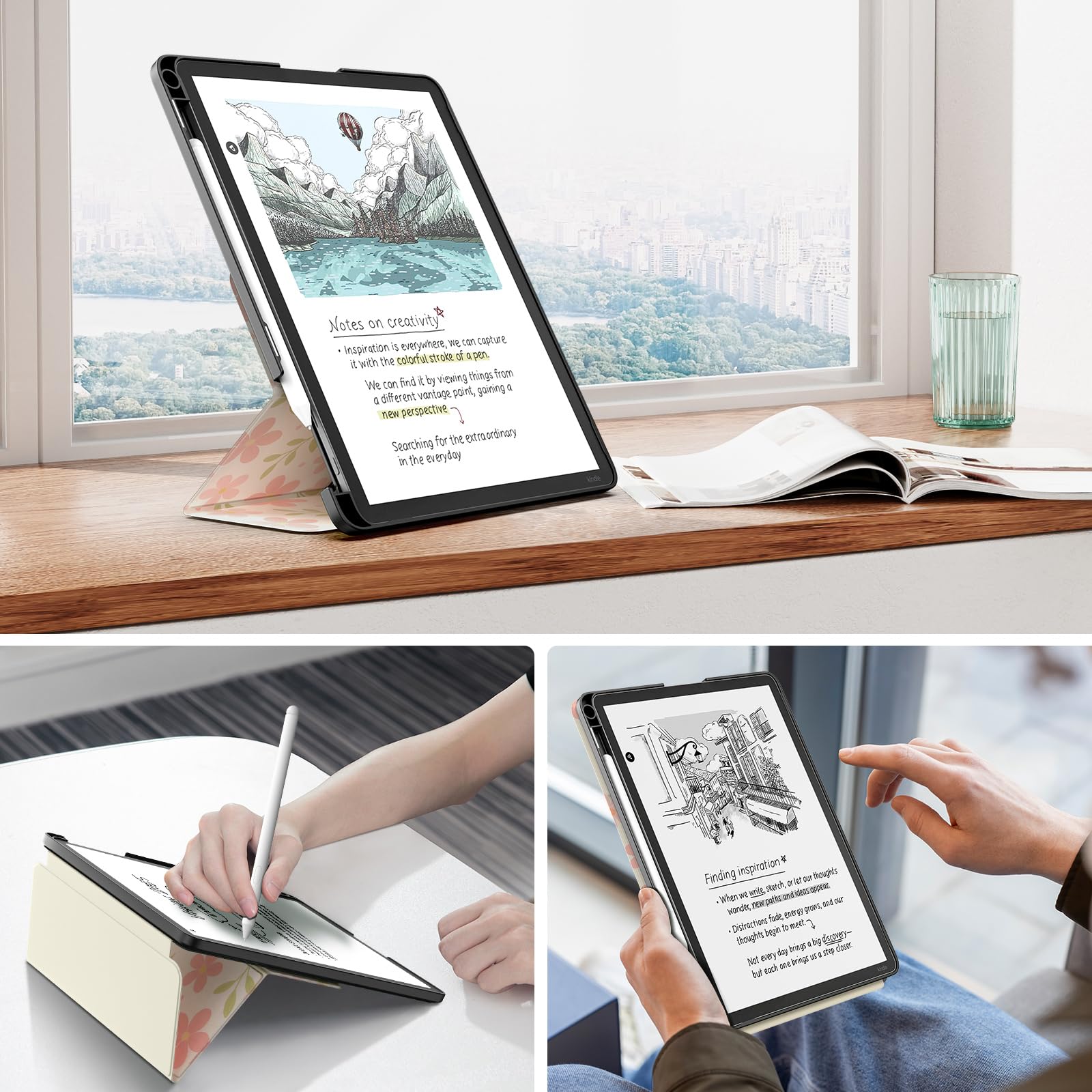 MoKo Étui avec Support for 11" Kindle Scribe(3e Génération-2025) & Kindle Scribe Colorsoft(1e Gén 2025) - étui en Cuir de Qualité Supérieure avec Porte-Stylo, Auto Veille/Réveil, Fleurs et Feuilles