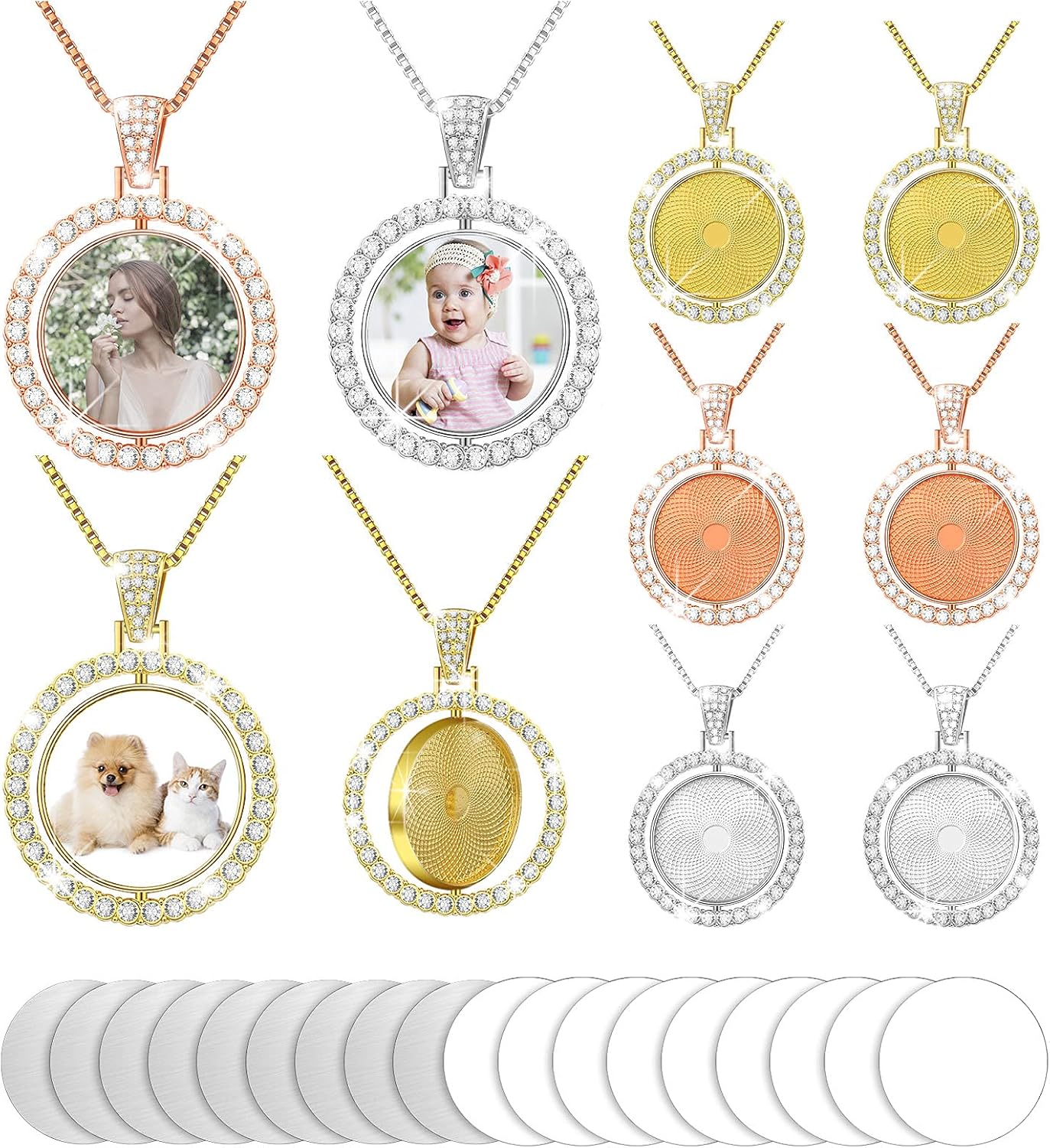 MTLEE 54 Pieces Sublimation Rhinestone Pendant Set Includes 9 Round Rhinestone Bezel Trays Double Sided Blank Pendant Charm, 9 Thick Chains with 18 Sublimation Discs and Glue for Christmas DIY Making