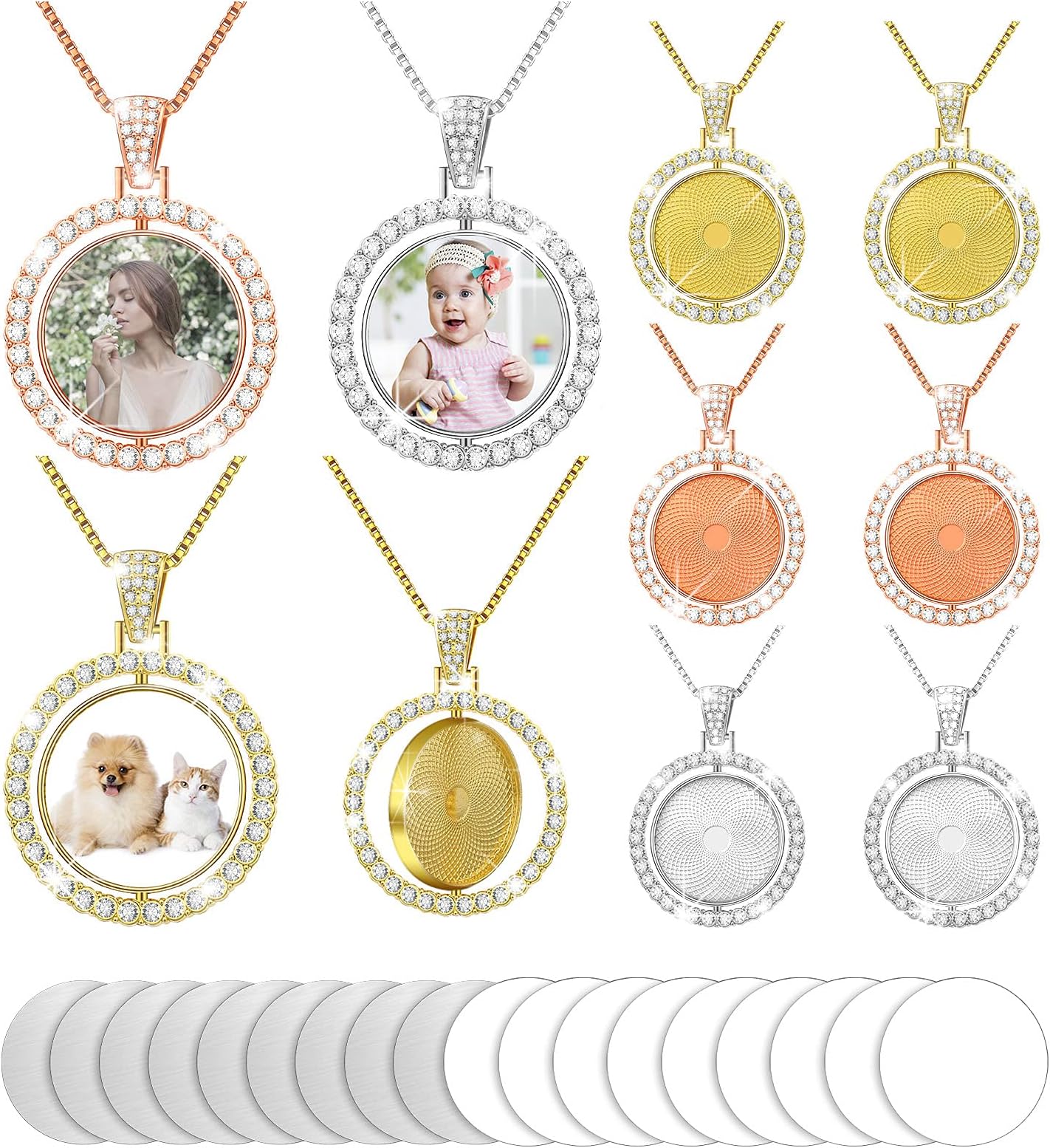MTLEE 54 Pieces Sublimation Rhinestone Pendant Set Includes 9 Round Rhinestone Bezel Trays Double Sided Blank Pendant Charm, 9 Thick Chains with 18 Sublimation Discs and Glue for Christmas DIY Making
