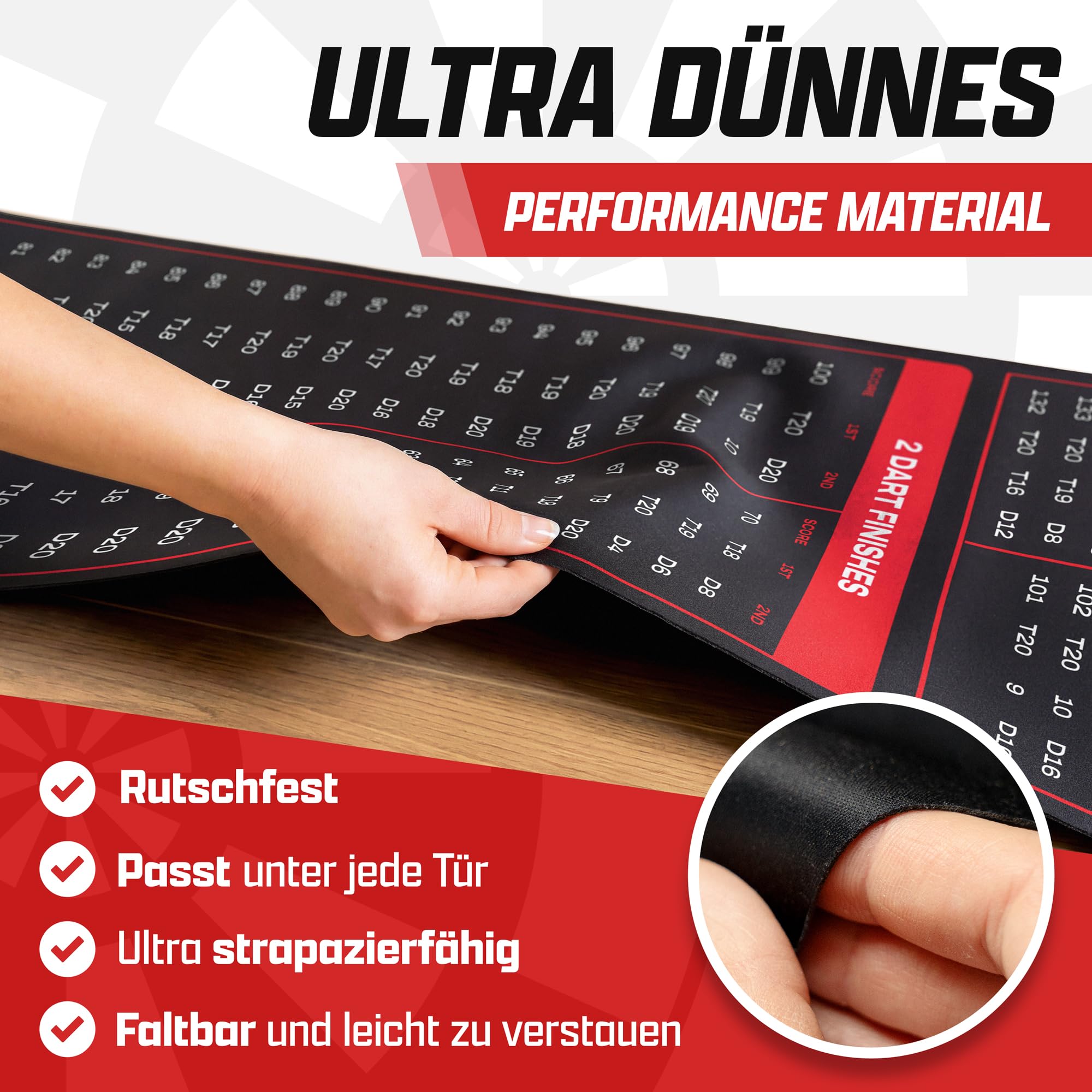 Bodenständig – Wurfmatte für Darts mit Abwurflinie, Punkteleiste & Schutz