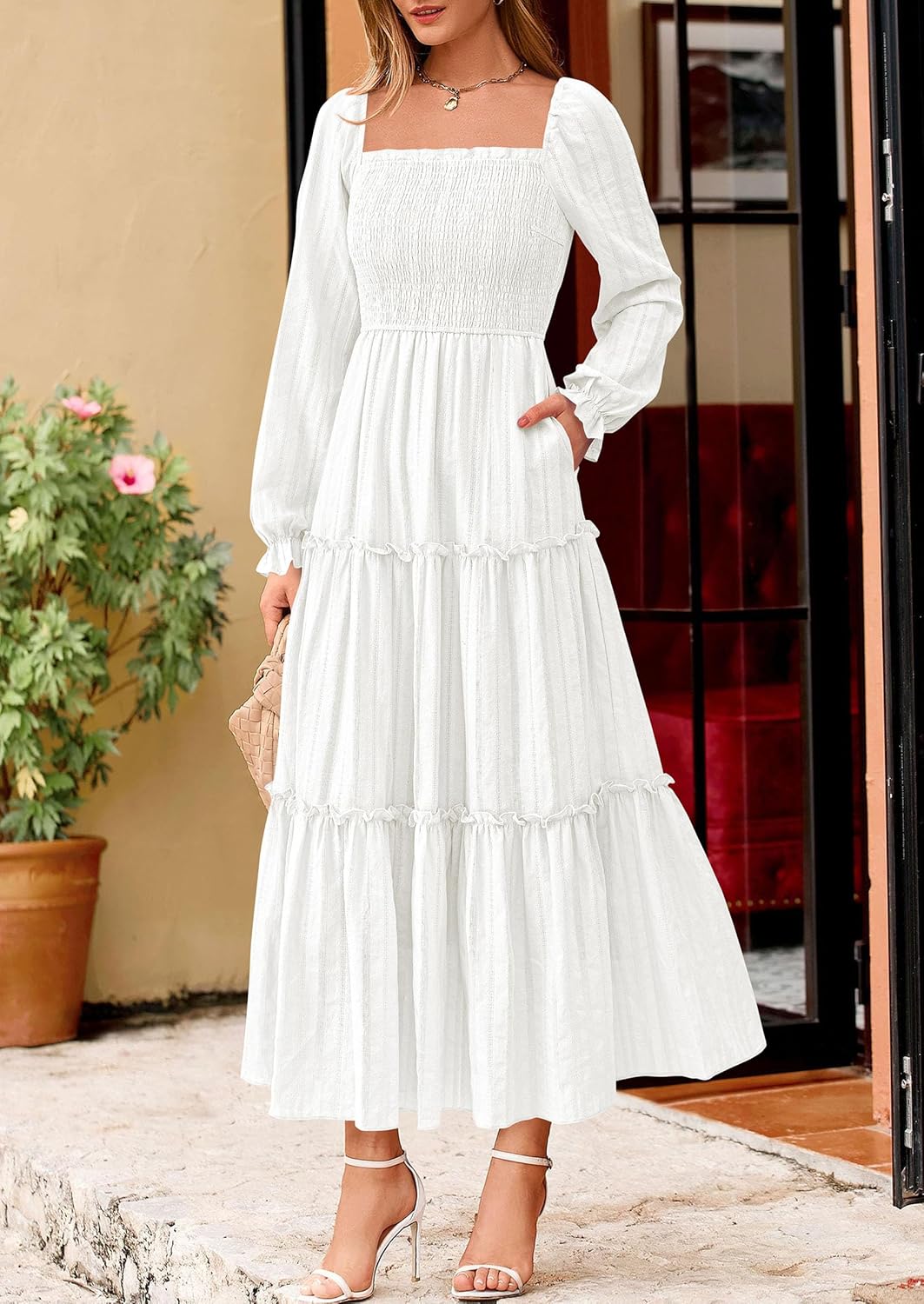 PRETTYGARDEN Spring Dresses for Women 2026 Casual Long Sleeve Smocked Ruffle Flowy Elegant Wedding Guest Maxi Dress Pockets - Image 2