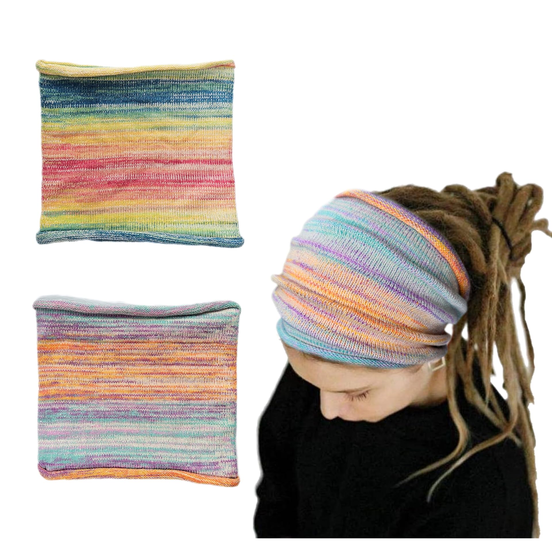 Nutty Natte2PCS Handmade Wide Tube headwrap Headband for dreadlocks, braids or regular hair Knitted headband for Men and Women Hiking Gaiter Hair Wrap Headbands for Dreads (Rainbow)
