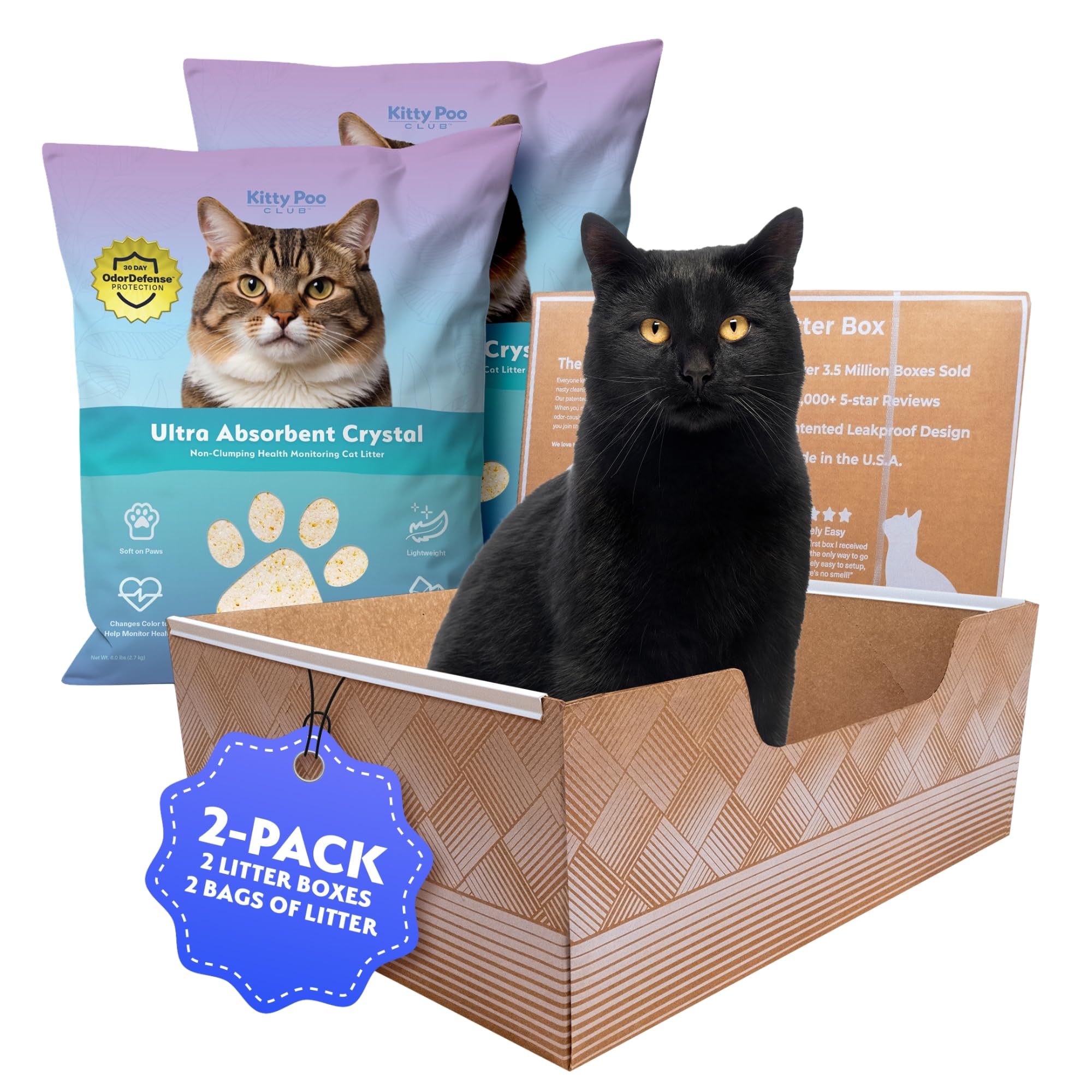 Kitty Poo Club Arena para gatos indicadora de salud, 2 bolsas, no aglutinante, ligera, con caja de arena desechable para gatos, no aglutinante, control de olores superabsorbente, perfecta para hogares