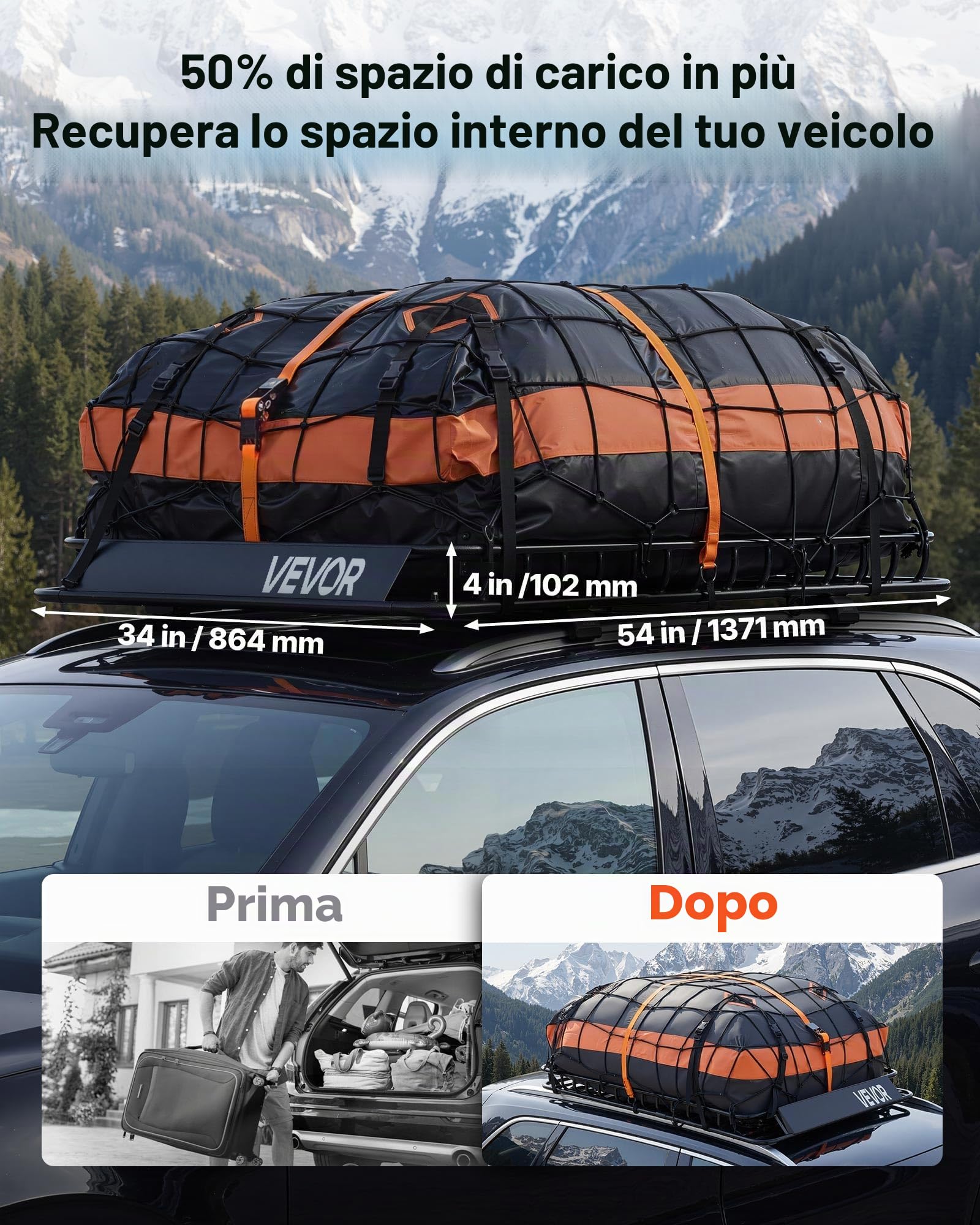 VEVOR Portapacchi da Tetto per Auto, Kit Completo Portapacchi da Tetto 1371 x 864 x 102 mm Telaio in Acciaio Rete Fermabagagli Cinghie a Cricchetto Carico max 90,72 kg, Universale per SUV Furgone