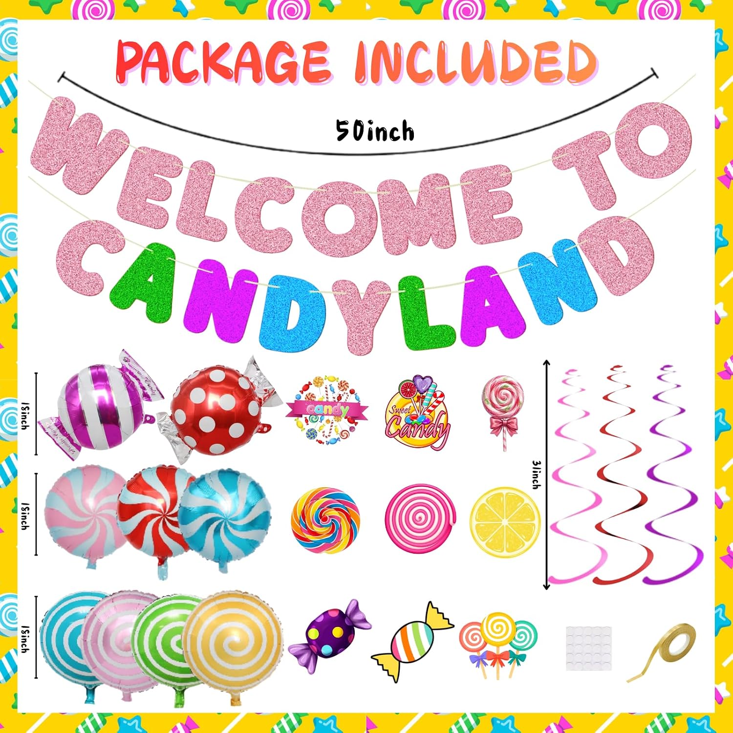 Candyland Party Decorations Suit - Candy Balloons Candies Theme Swirl And Banner for Candyland Birthday Party Baby Shower Candies Shop Classroom Decor