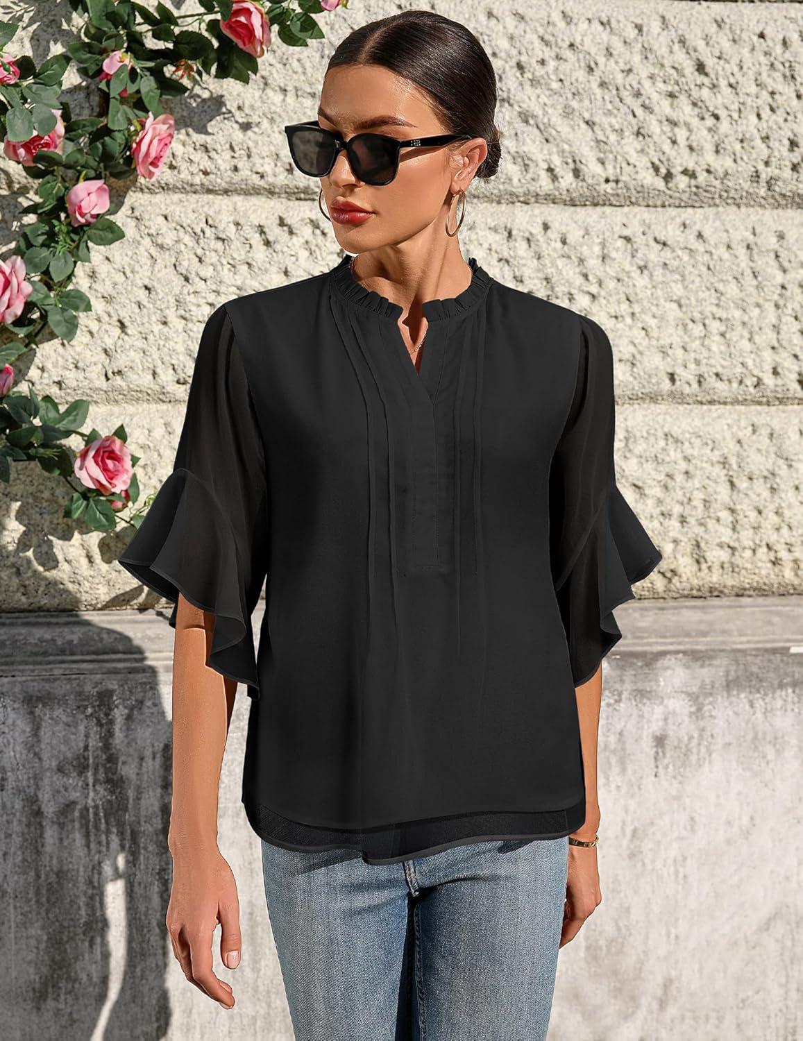 Women's 3/4 Sleeve Tops Dressy Casual V Neck Ruffle Sleeve Chiffon Blouses Shirts - Image 2