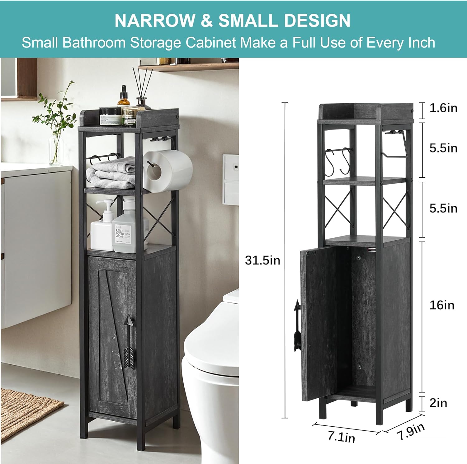 VECELO Small Bathroom Cabinet,Slim Toilet Paper Holder with Door&2 Shelves, Upgraded Narrow Storage Organizer for Restroom Bathroom Tiny Space,Metal Scroll Fenced Top Waterproof Coating,Gray