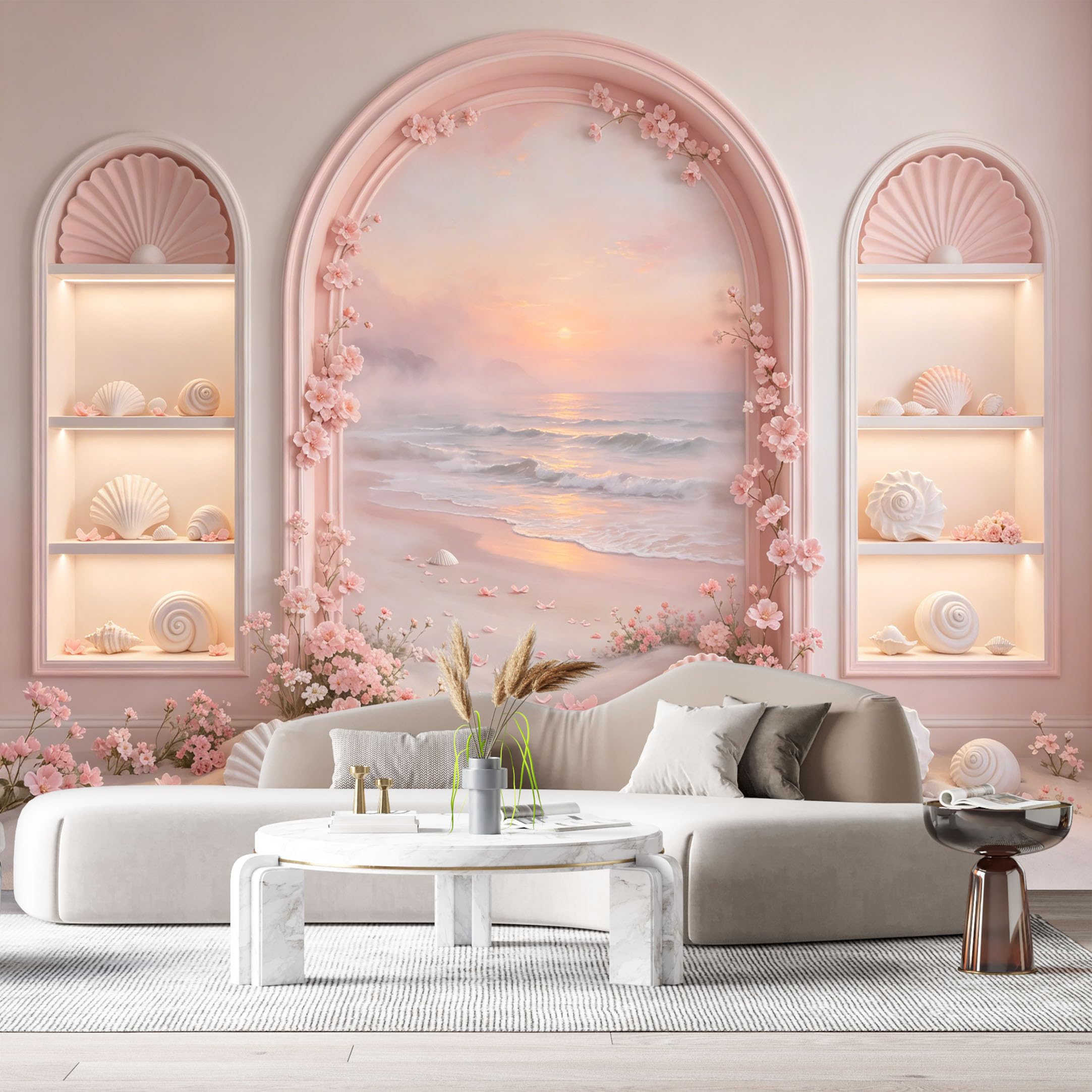 Custom Size Wall Murals Coastal Ocean Sunset Pink Flower Arch 3D Trompe L'Oeil SelfAdhesiveWall Fabric Removable Wallpaper Wall Decor for Living Room Bedroom Bathroom