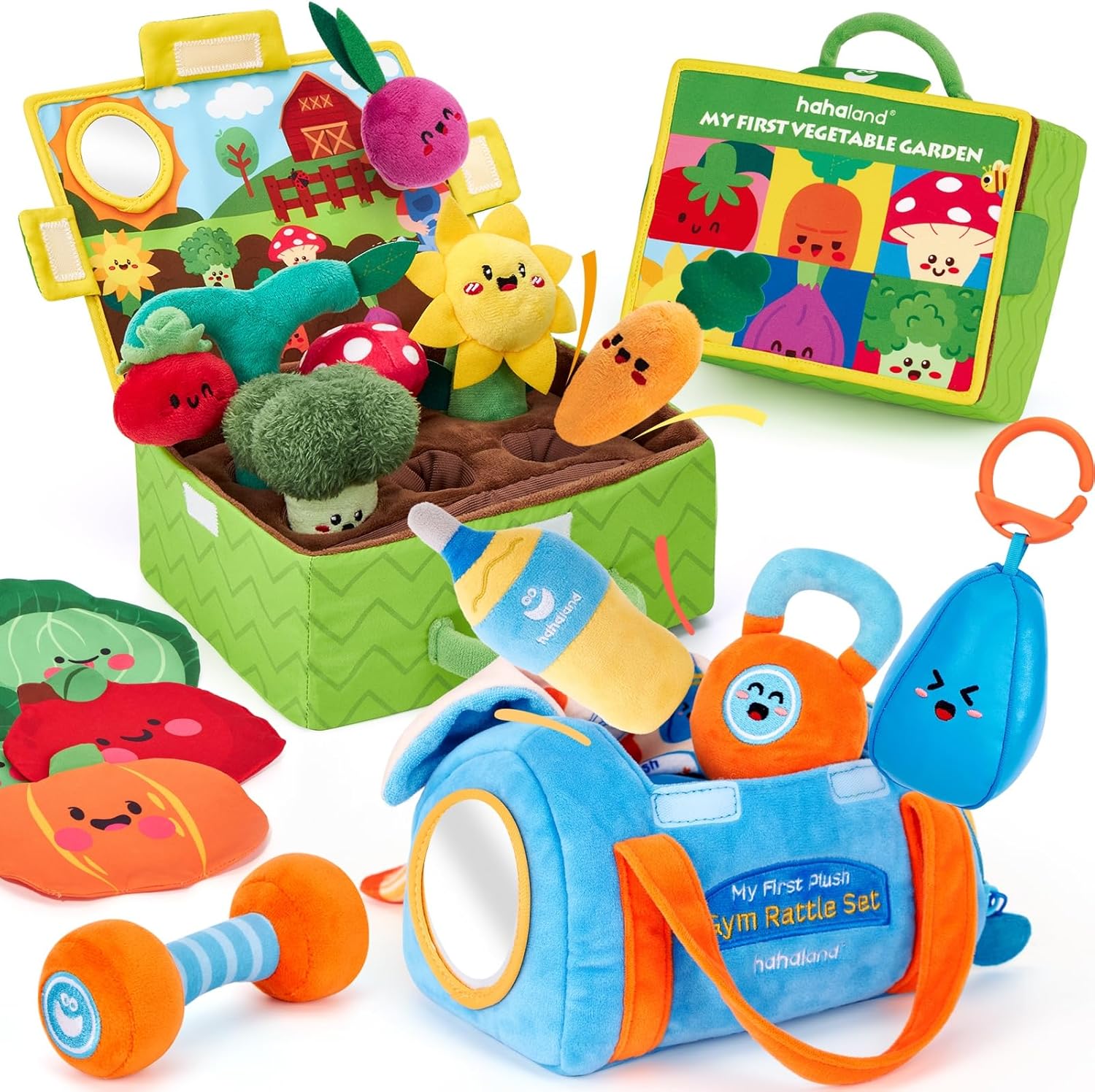 hahaland Baby Toys 6-12 Months - Montessori Sensory Toy for 6 Month Old - Babies Workout Weights Dumbbell Toy Set and Fruits Vegetables Garden Plant Plush