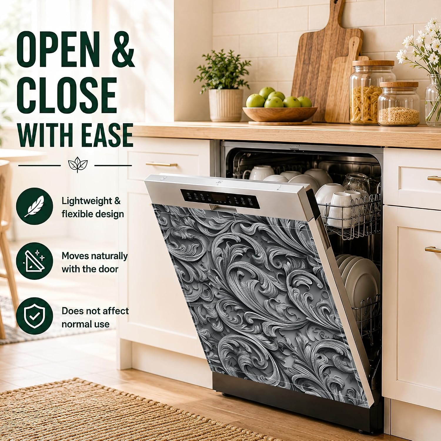 Magnetic Dishwasher Cover,Silver Gray Floral Carving Reusable Magnetic Cover for Home Kitchen Decorative Dishwasher Front Panel Cover 23x26 Inch image 5
