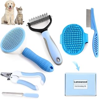 Lanswood 6PCS Dog Grooming Kit - Slicker Brush for Shedding, Dematting Comb, Flea Comb, Nail Clipper, Bath Brush for Dogs & Cats (Blue)
