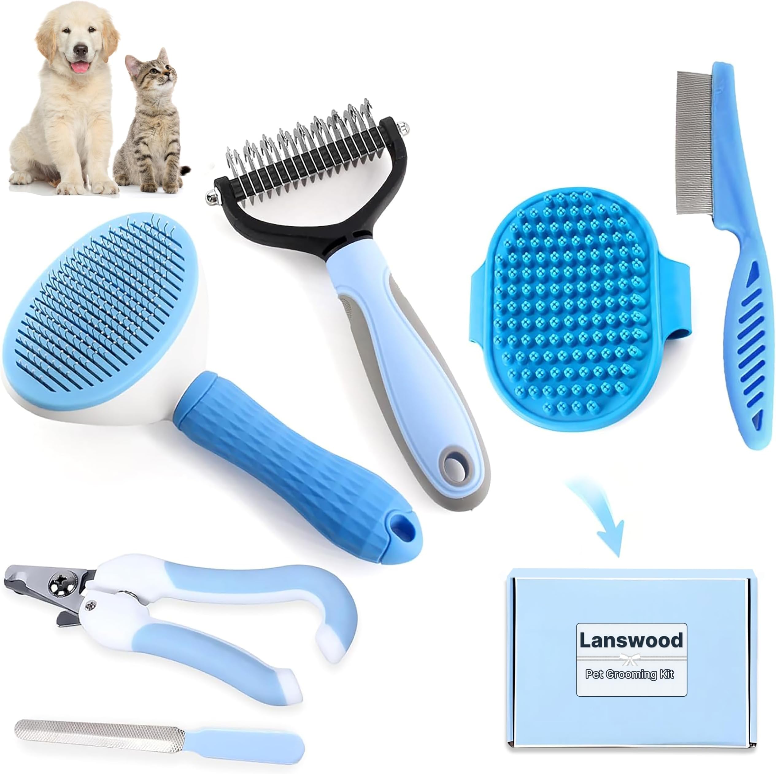 Dog Brush Dog Grooming Kit 6PCS Dog Brush for Shedding-Dog Brushes for Grooming, Dematting Comb for Dogs, Cat Nail Clipper with Nail File, Flea Comb, Bath Brush(Blue)