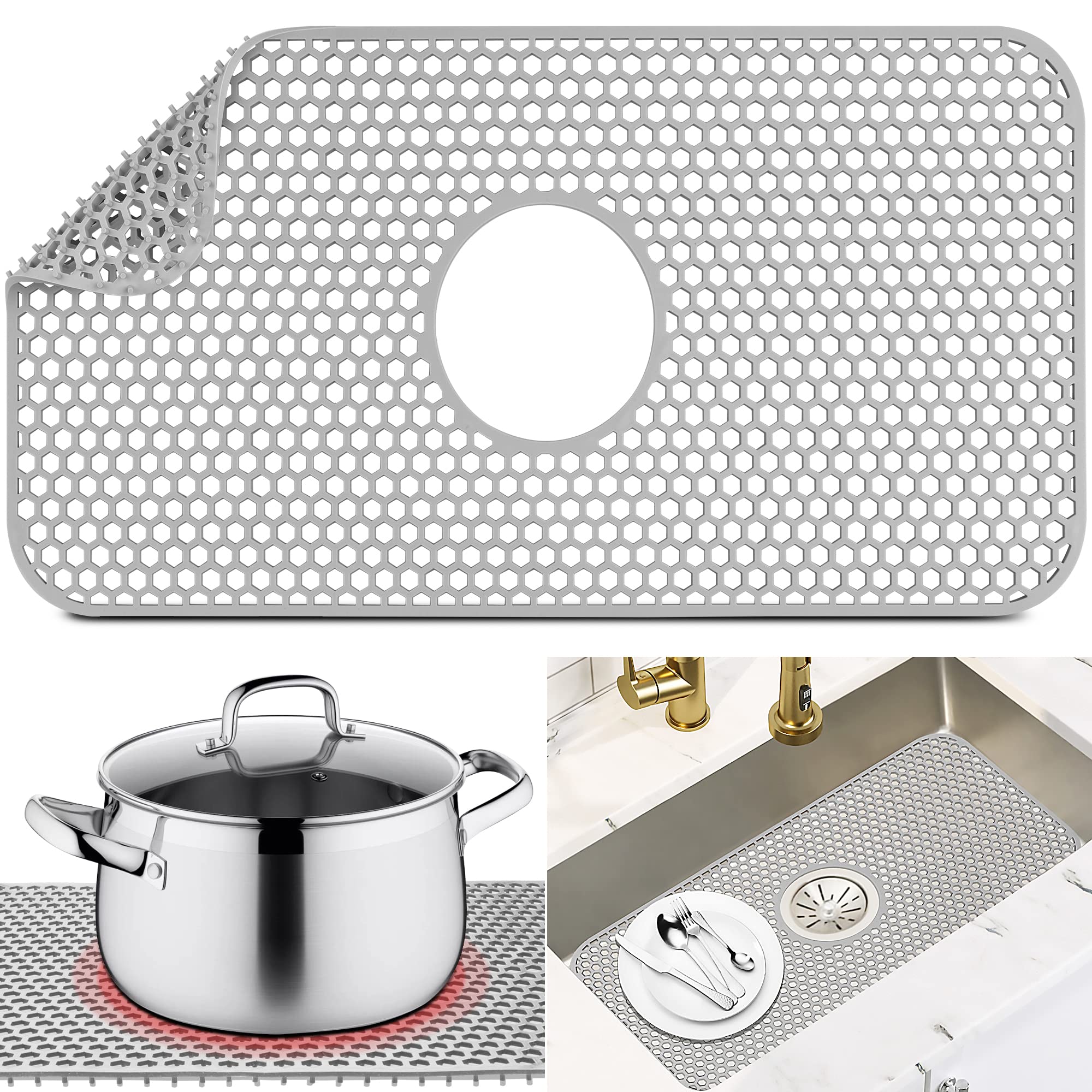 Sink Protectors for Kitchen Sink - YUBIRD 24.6"x 12.8" Sink Mat, Sink Mats for Bottom of Kitchen Sink, Silicone Kitchen Sink Mats for Stainless Steel Sink(Grey, 24.6''x 12.8'')