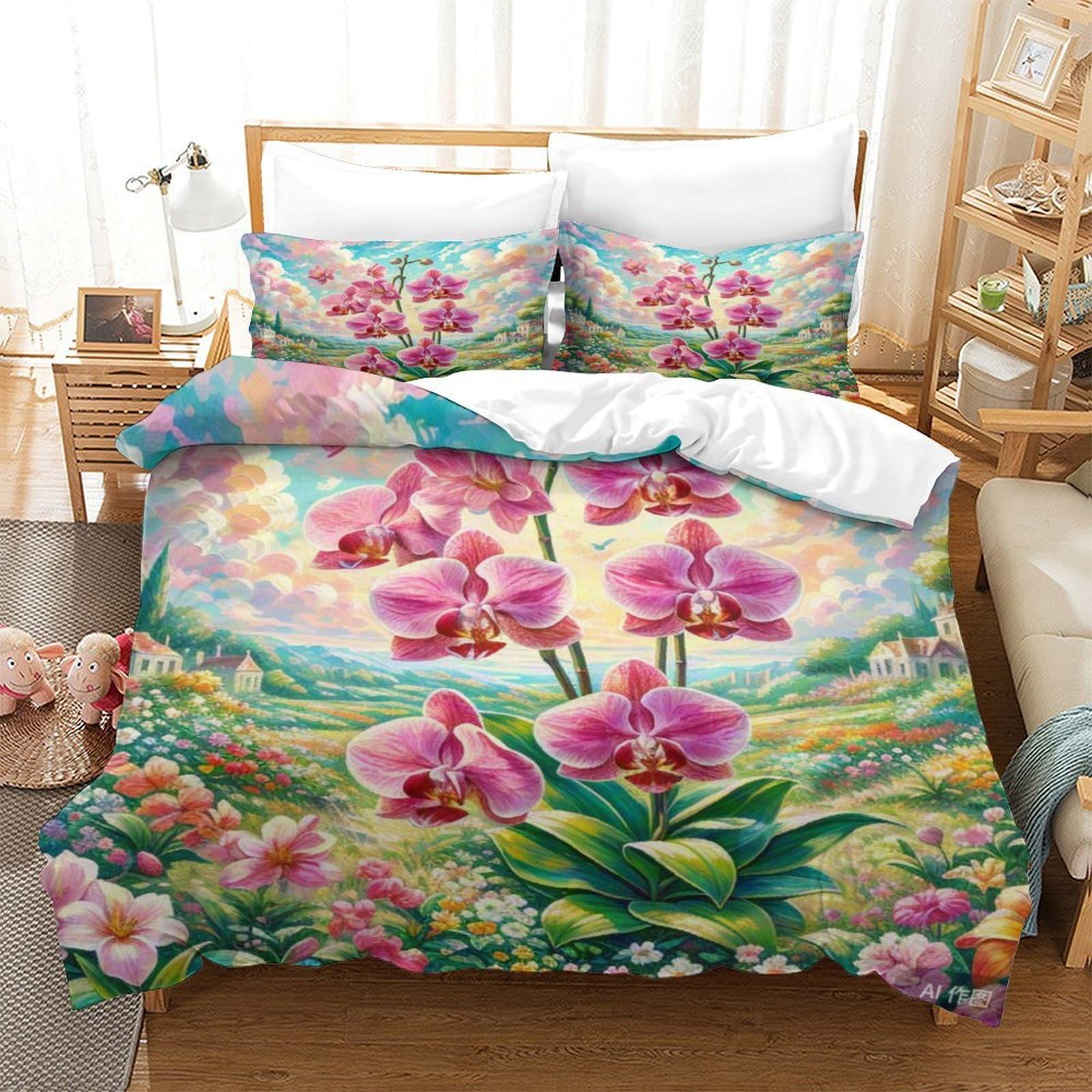 Housse de Couette Douce Orchidée 3D en Microfibre Respirante pour Sommeil Enfant
