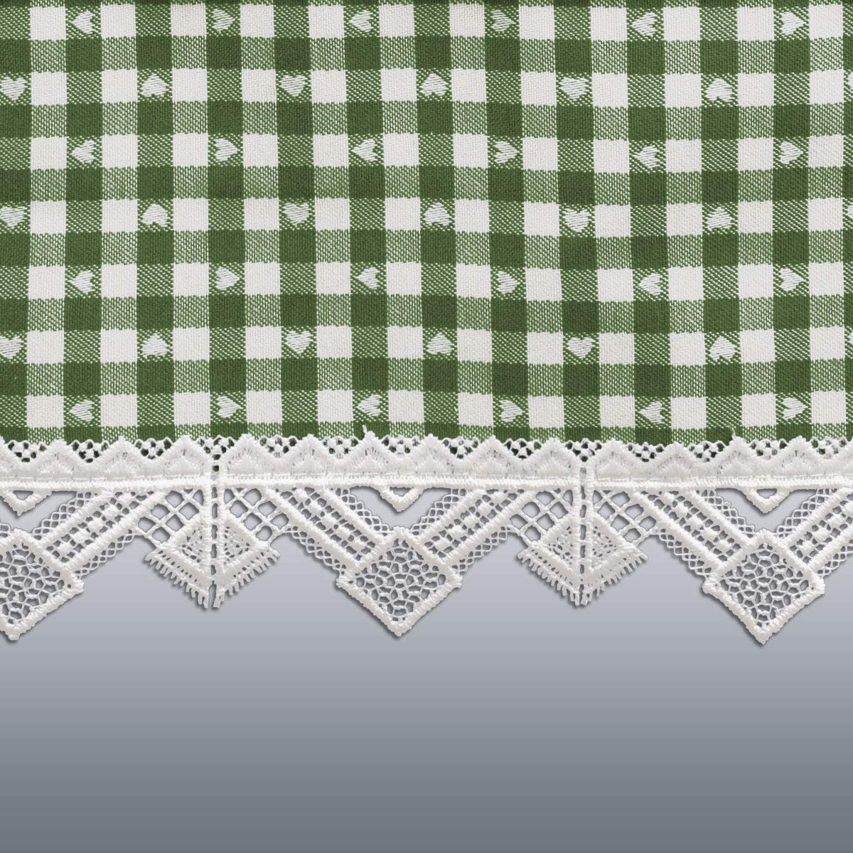 Landhaus-Scheibenhänger Leni grün-weiß karierter Stoff / kleine eingewebte Herzen / Kurzgardine mit weißer Spitzenkante und Lochschaube aus feiner Vogtländischer Stickerei / 27 cm Höhe