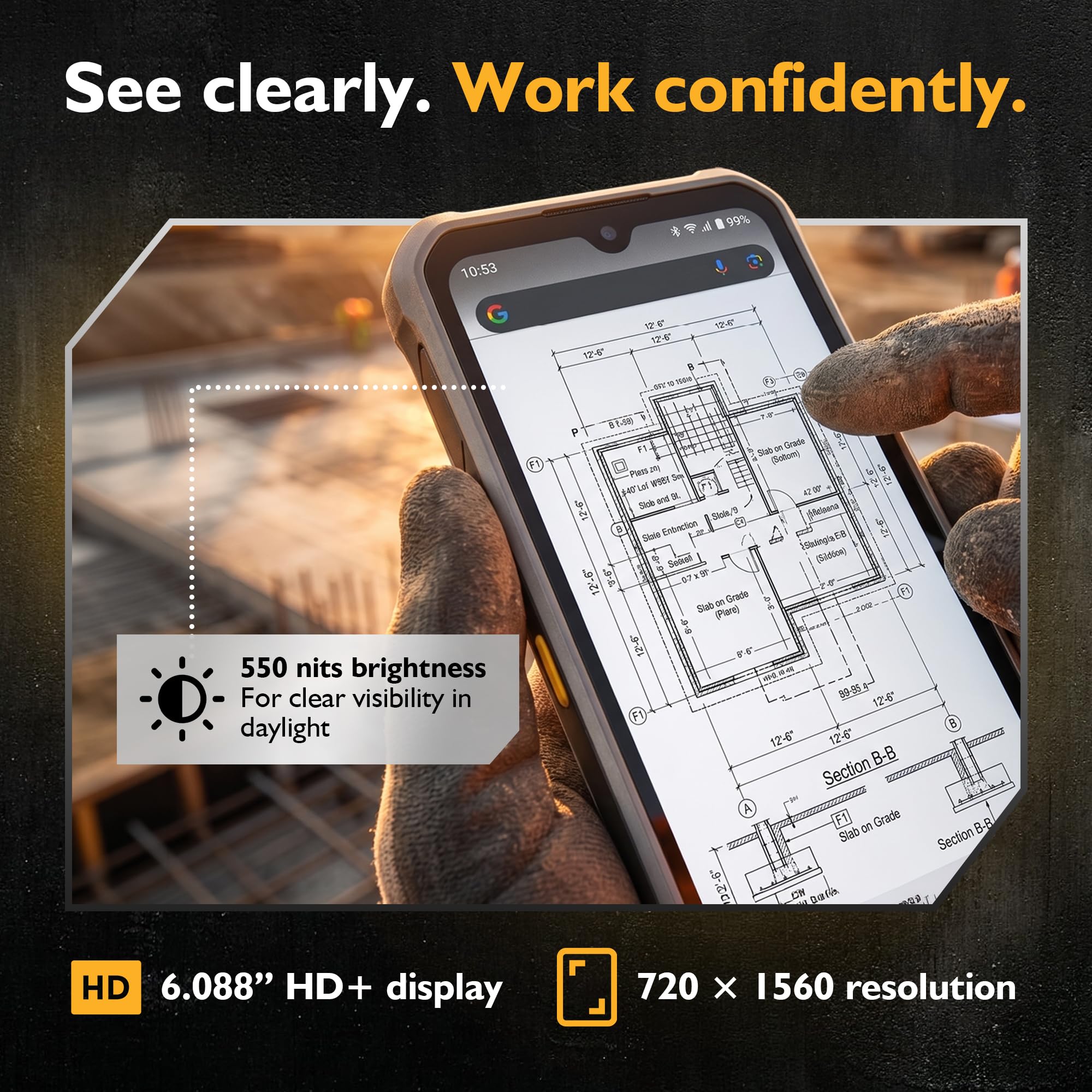JCB Toughphone E50 Smartfon Rugged 5G Android 16, Telefon Pancerny i Wodoodporny, 6GB RAM 128GB, Bateria 5000mAh, Aparat 50MP, NFC, Szybkie i Bezprzewodowe Ładowanie, Dual SIM + eSIM, IP68/IP69K