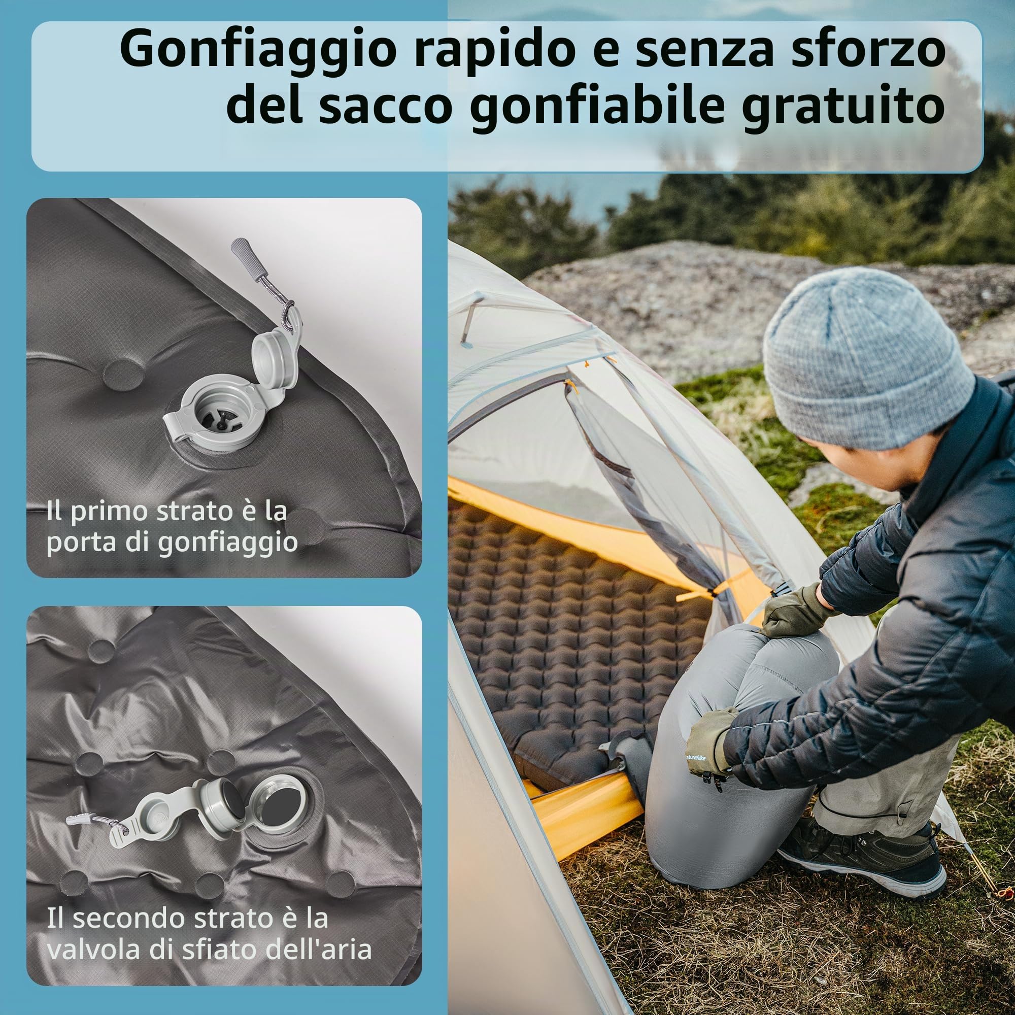 Naturehike Materassino gonfiabile 6.5R 186cm*58cm, Ultraleggero Campeggio Materasso, Durevole Materassino da Campeggio Portatile per Trekking Escursionismo