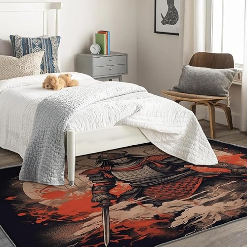 Miniatura 2 de Alfombra japonesa Samurai y decoración del hogar, alfombra de 5 x 8 pies, alfombras estilo anime para sala de estar, dormitorio, alfombra japonesa,