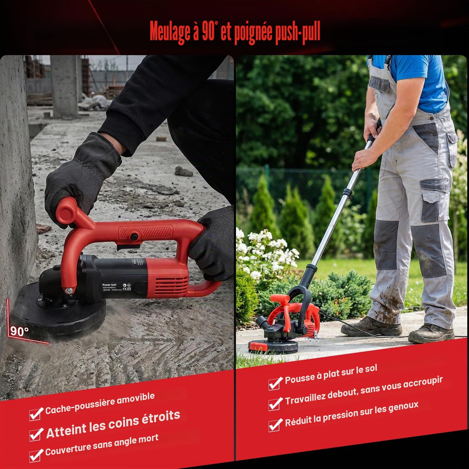 Broyeur à Béton 3800W, 6 Vitesses Broyeure de Fraisage avec Meule Diamant 180mm, 5000 RPM Broyeur de Sol pour Enlèvement Colle Carrelage Peinture, Outil Rénovation Mur